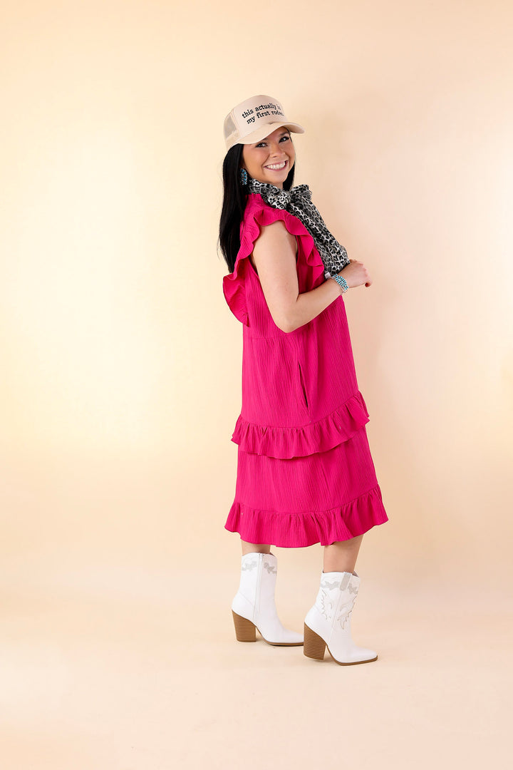 Dreaming Bigger Ruffle Detail Midi Dress in Pink - Giddy Up Glamour Boutique