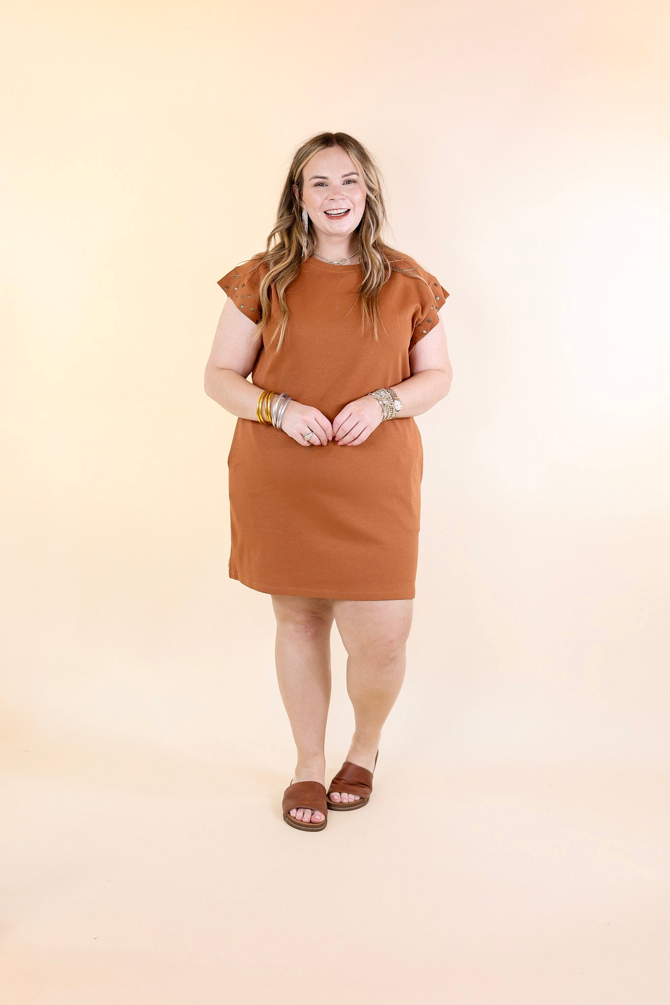 Graceful Glimpse Dress with Gold Stud Detail in Brown