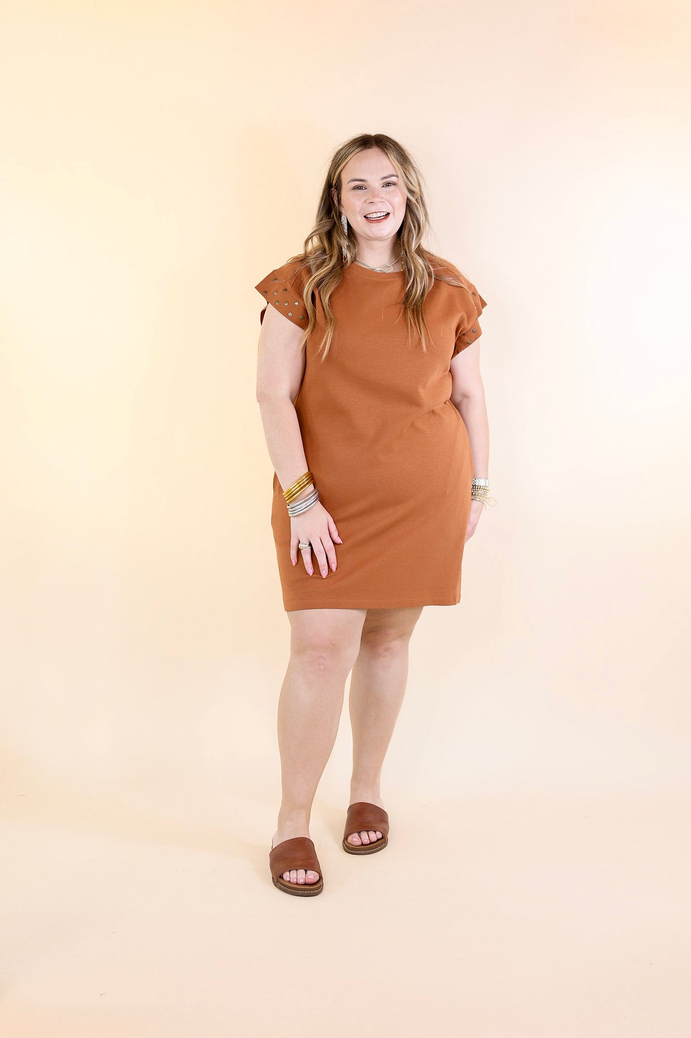 Graceful Glimpse Dress with Gold Stud Detail in Brown