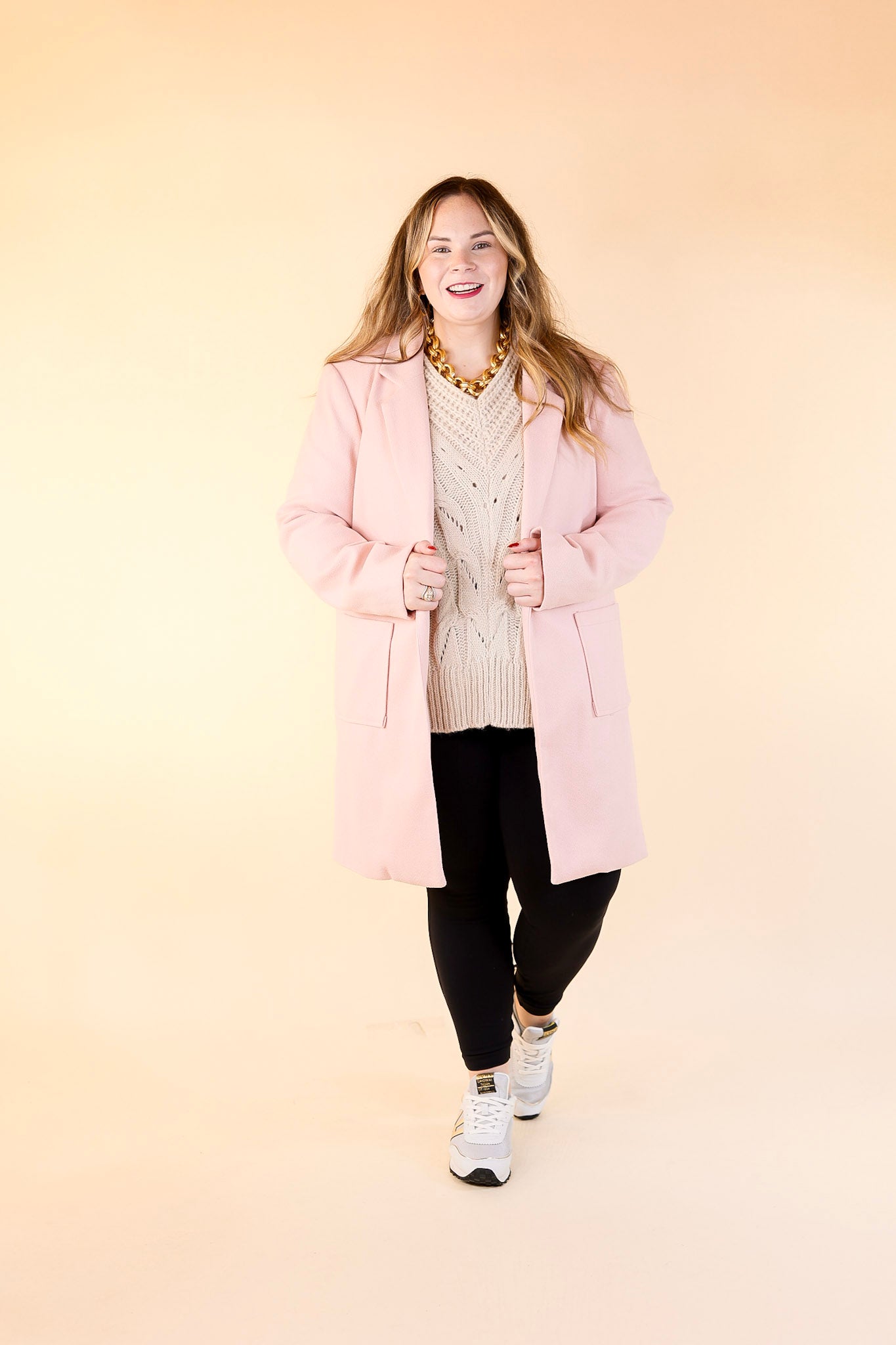 On Mountain Time Long Button Up Blazer in Pale Pink