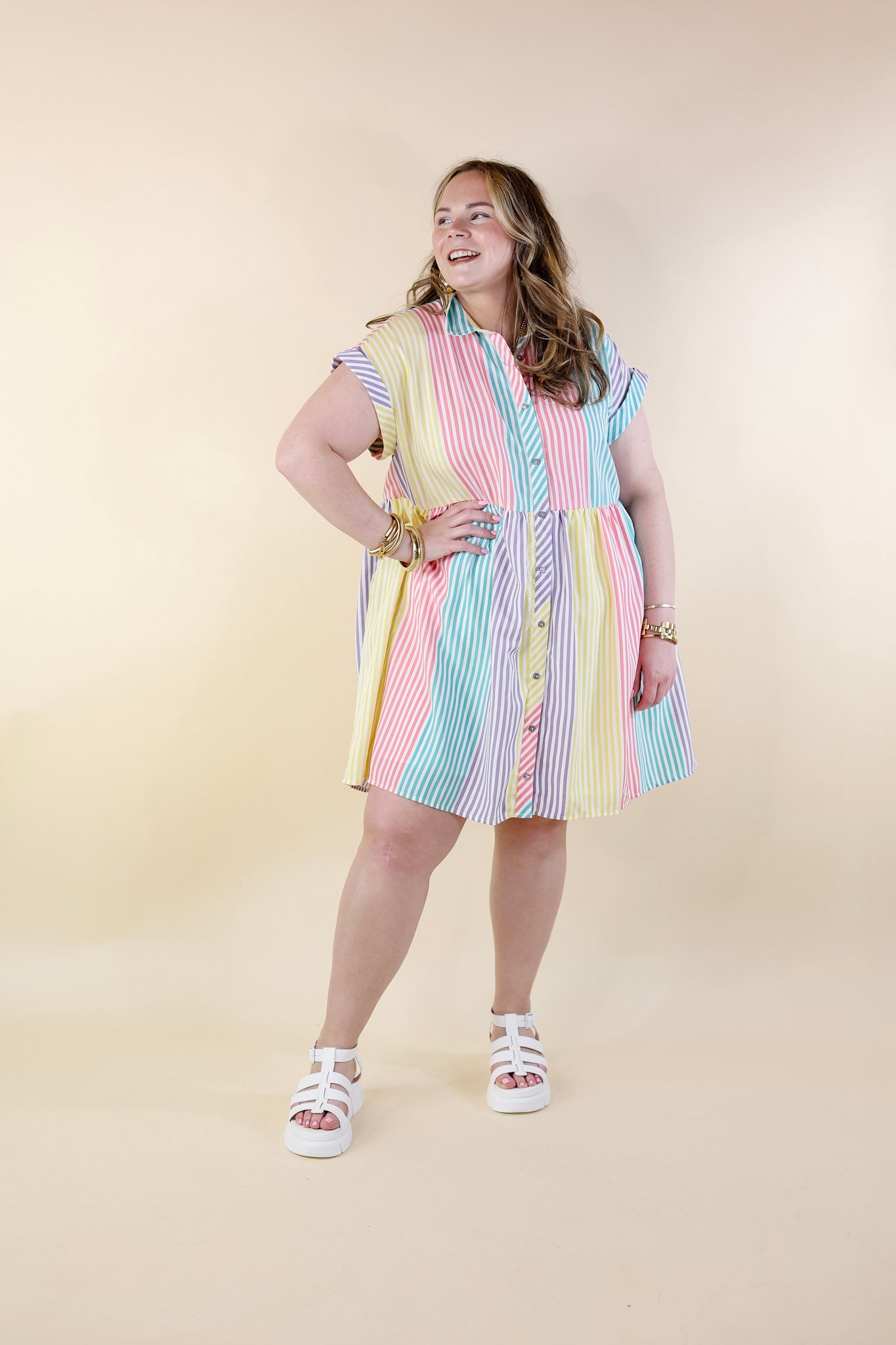 Spring Symphony Multi Color Striped Dress with Collar - Giddy Up Glamour Boutique