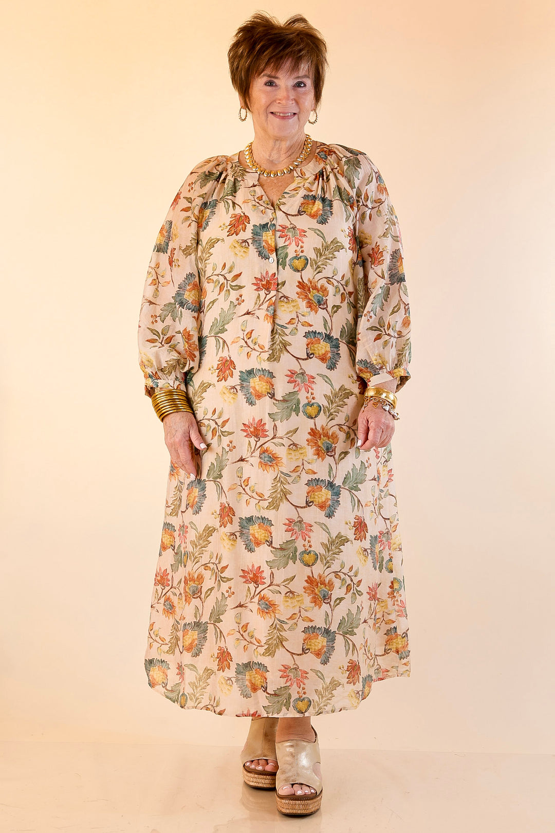 Charming Impression Floral Print Maxi Dress with Long Sleeves in Cream, Olive, Teal and Rust