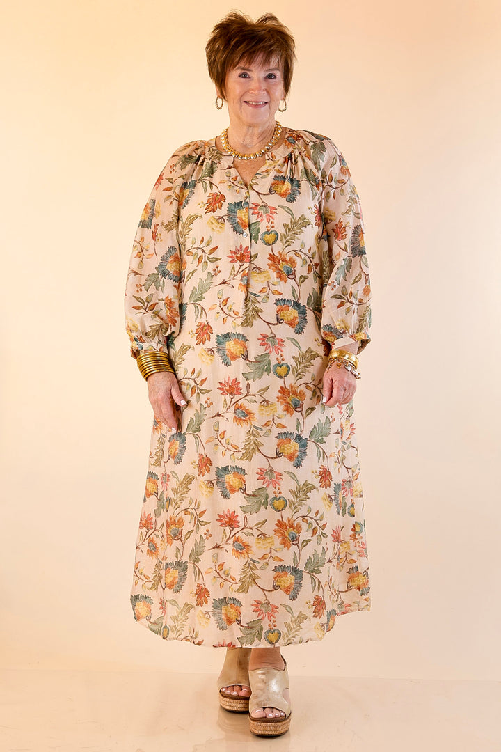 Charming Impression Floral Print Maxi Dress with Long Sleeves in Cream, Olive, Teal and Rust