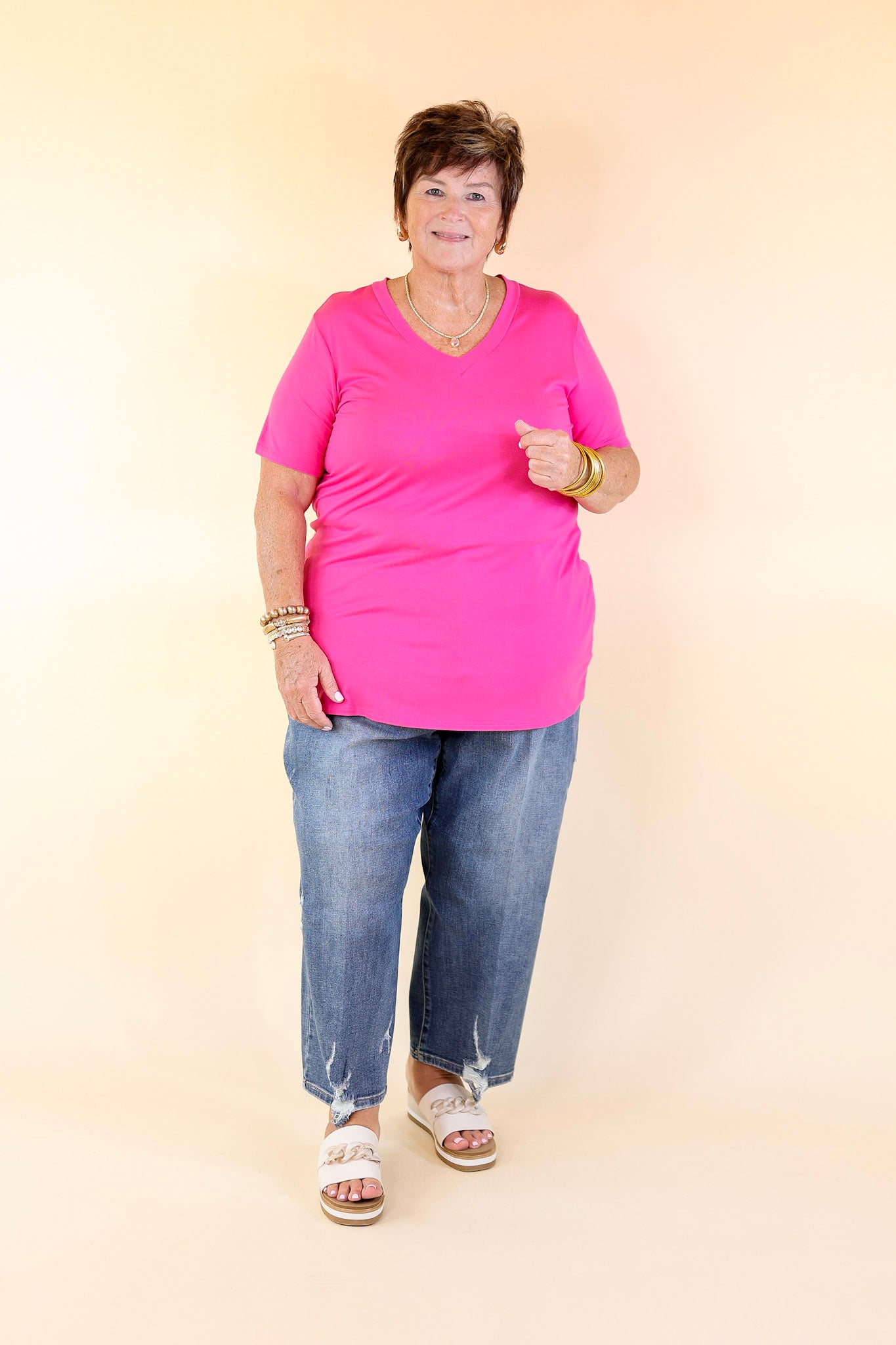 It's That Simple Solid V Neck Tee in Fuchsia Pink