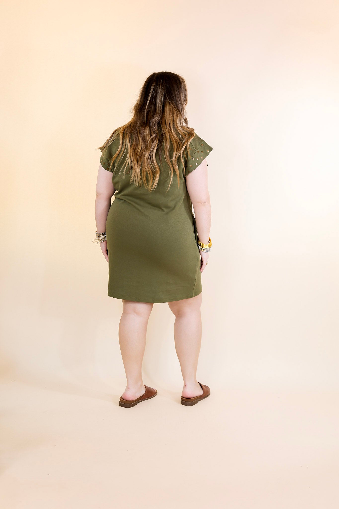 Graceful Glimpse Dress with Gold Stud Detail in Olive Green