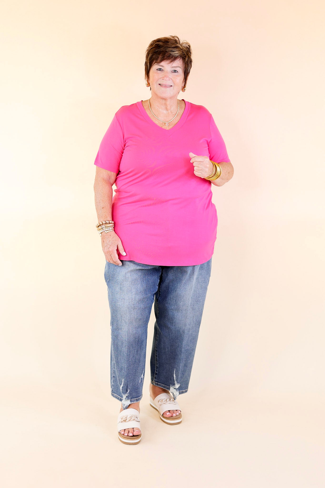 It's That Simple Solid V Neck Tee in Fuchsia Pink