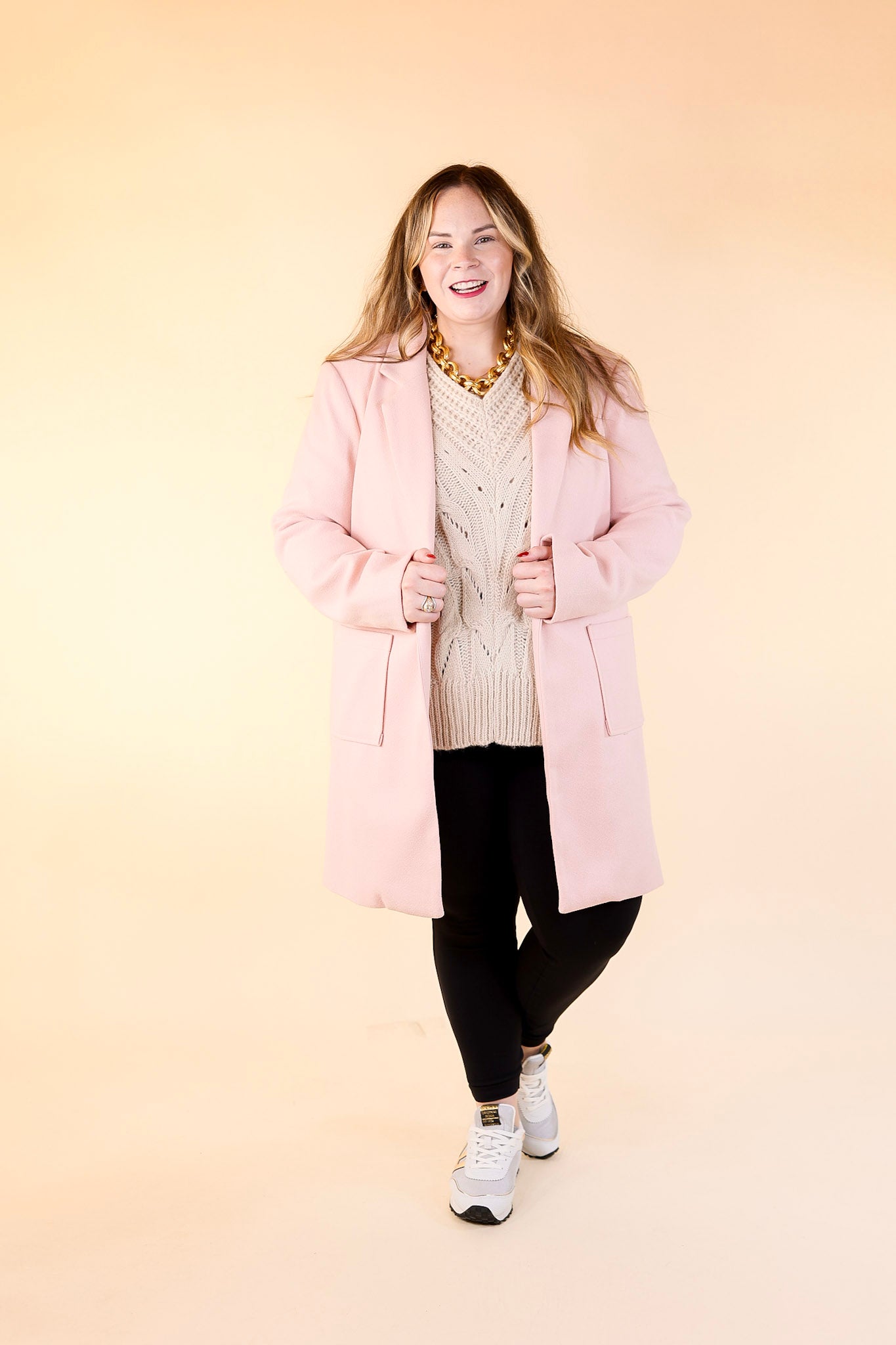 On Mountain Time Long Button Up Blazer in Pale Pink