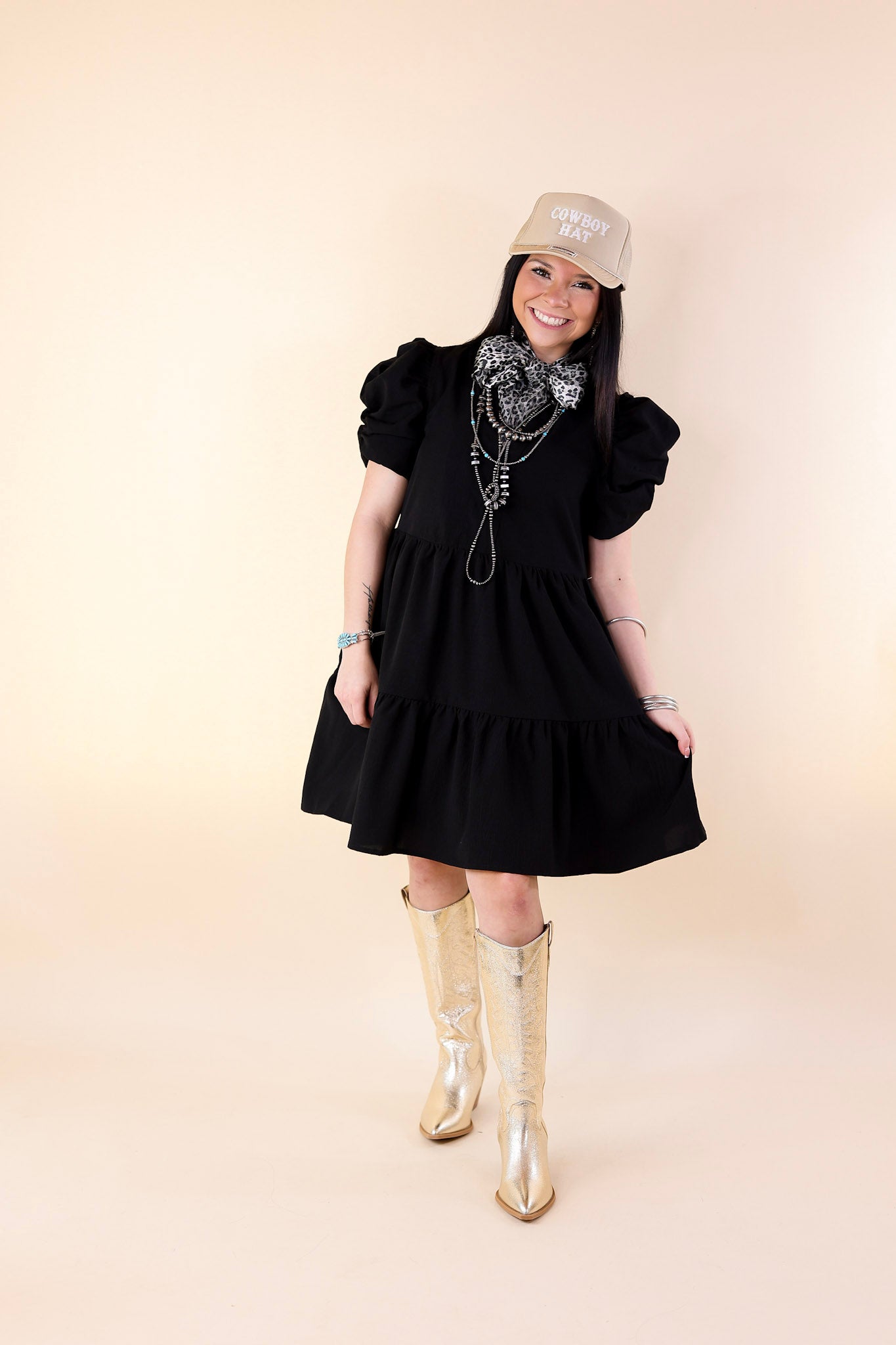 Call Me Chic Balloon Sleeve Short Dress in Black - Giddy Up Glamour Boutique