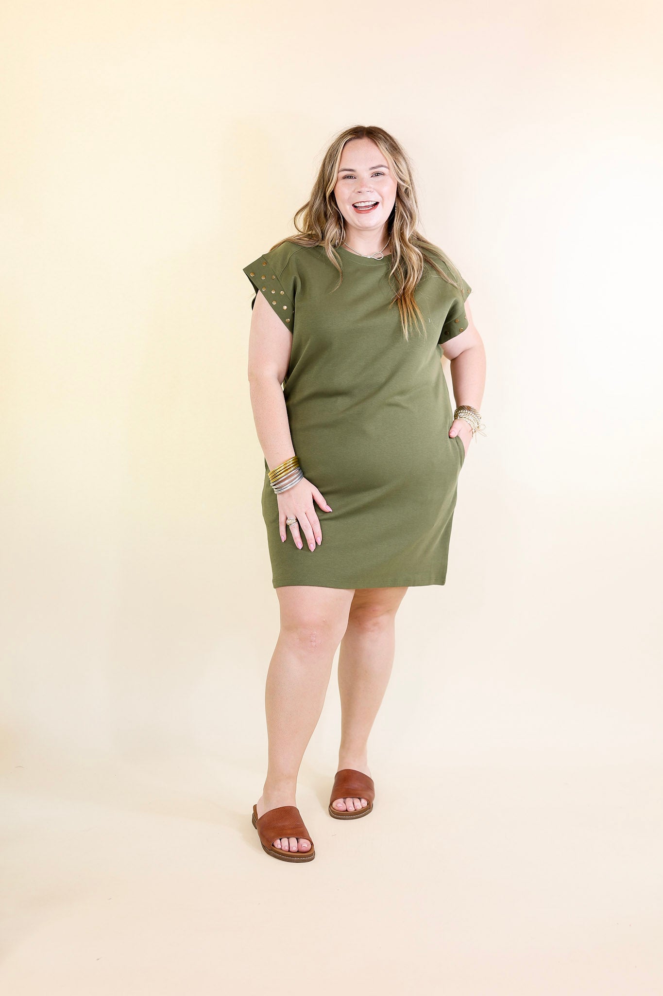 Graceful Glimpse Dress with Gold Stud Detail in Olive Green