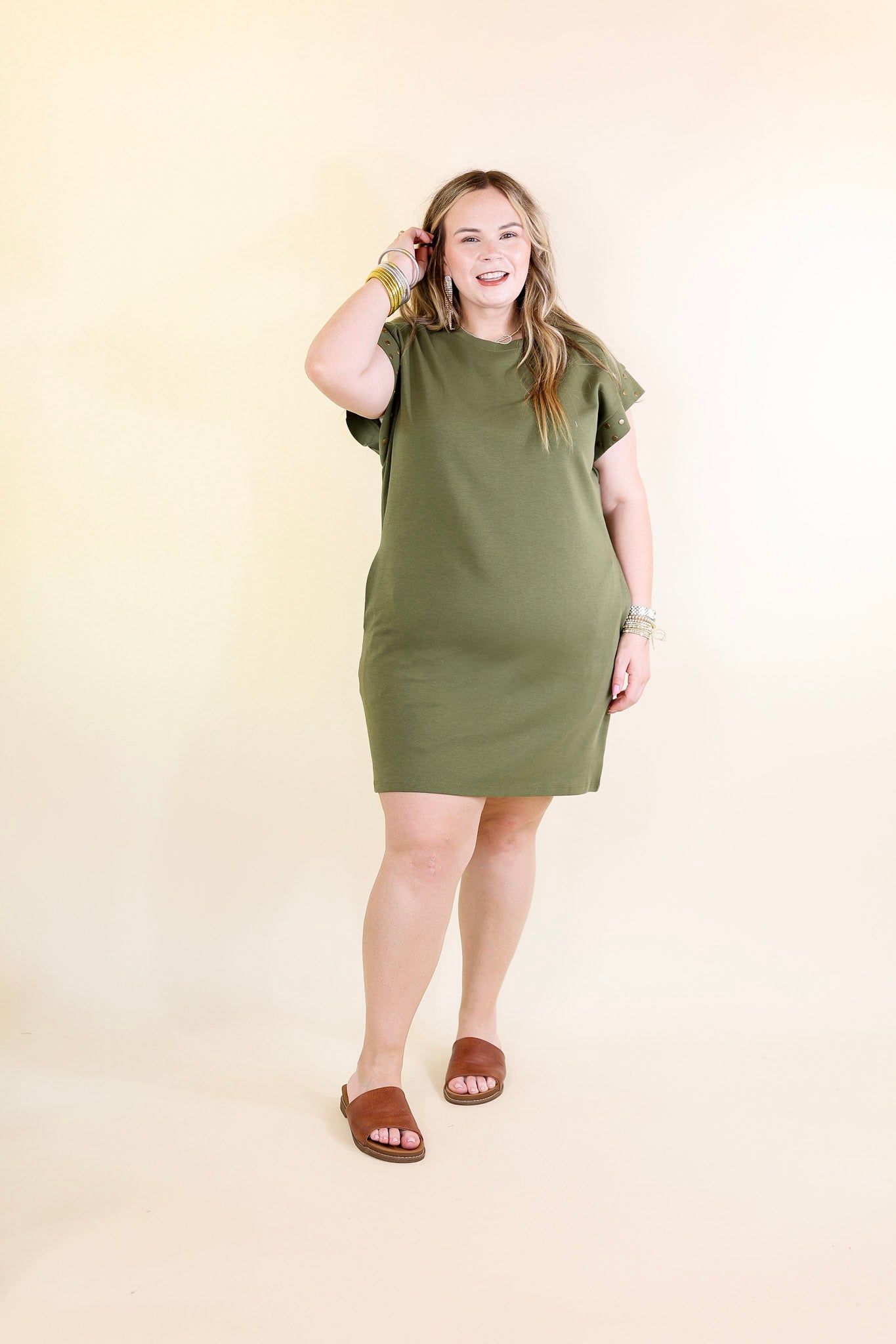 Graceful Glimpse Dress with Gold Stud Detail in Olive Green