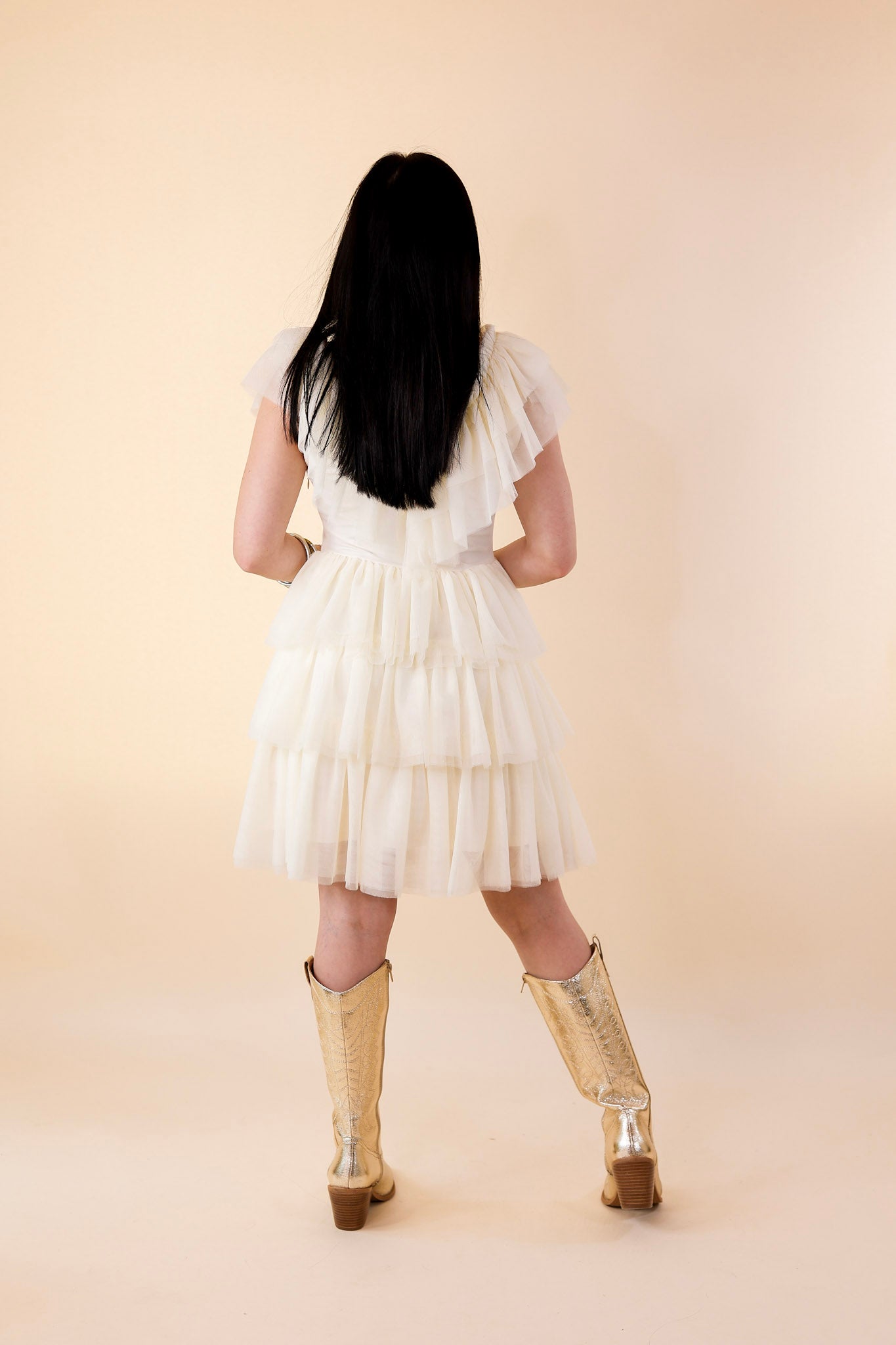 Dazzle The Room Tulle Tiered Dress in Ivory - Giddy Up Glamour Boutique