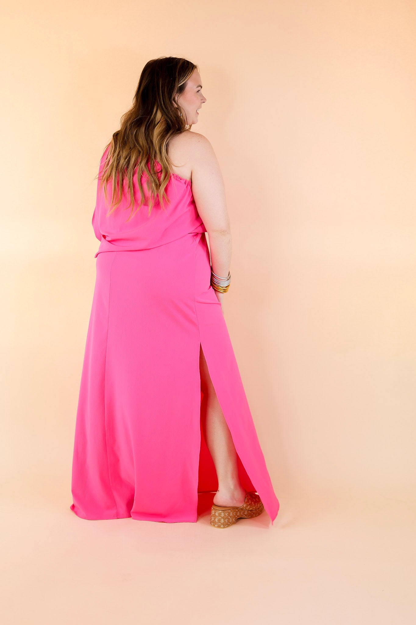 Chic Romance One Shoulder Unbalanced Maxi Dress in Fuchsia Pink