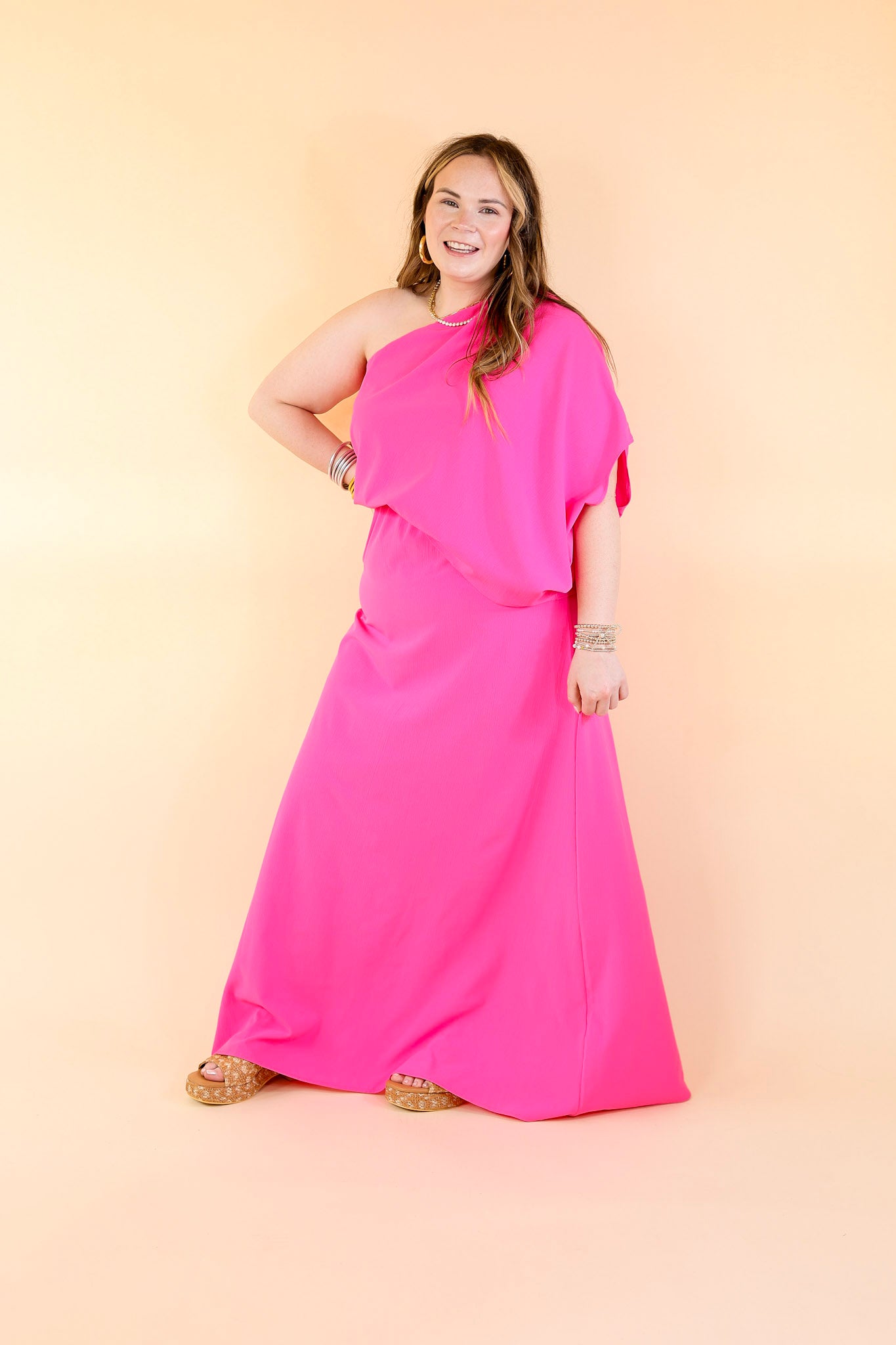 Chic Romance One Shoulder Unbalanced Maxi Dress in Fuchsia Pink