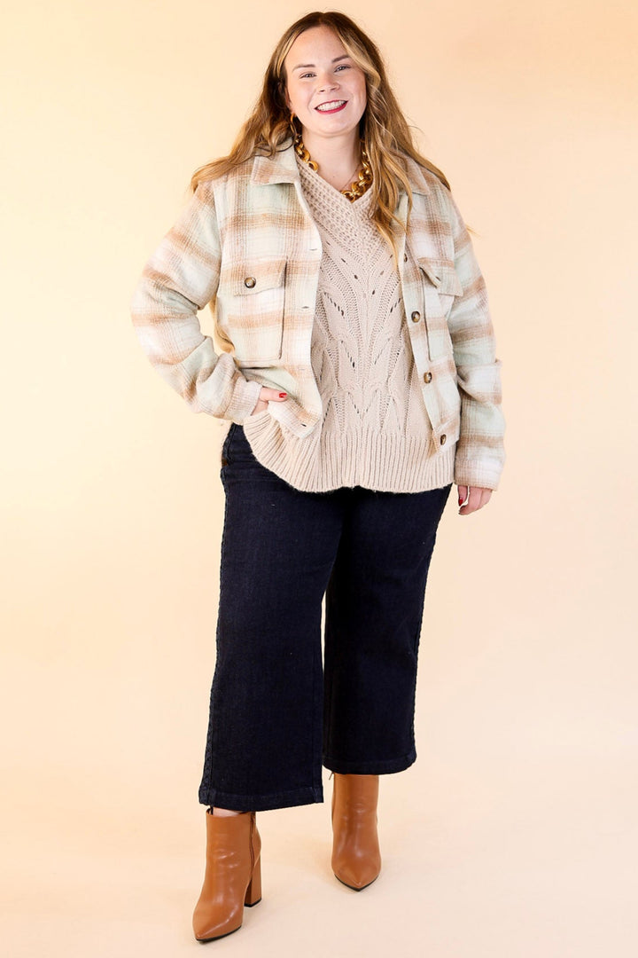 Lost In the Redwoods Button Up Cropped Plaid Jacket in Pistachio Mix