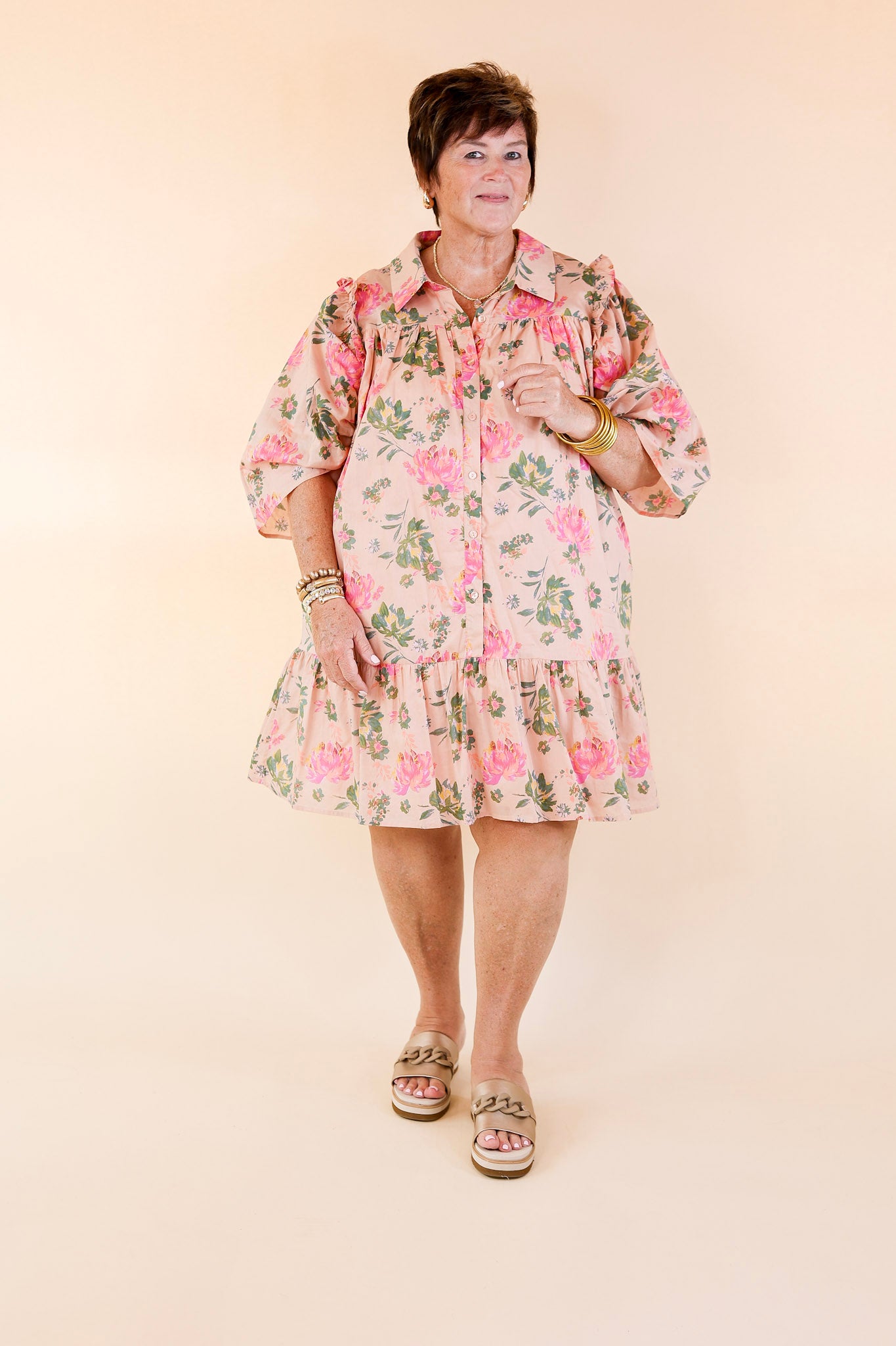 Blooming Chic Button Up Floral Print Dress with Collar in Peach