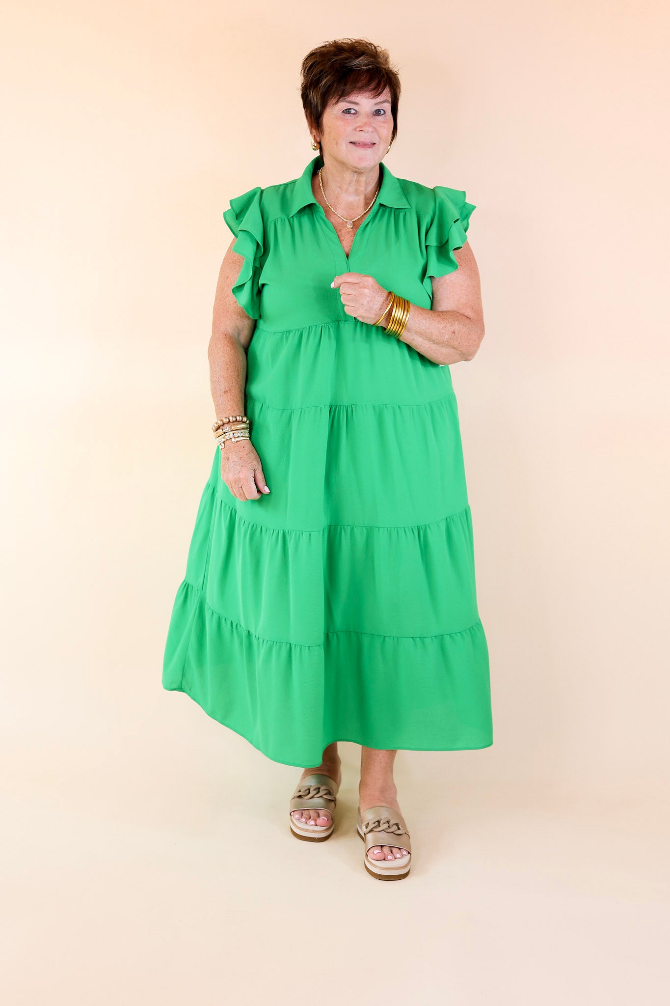 All Of A Sudden Tiered Midi Dress with Ruffle Cap Sleeves in Green