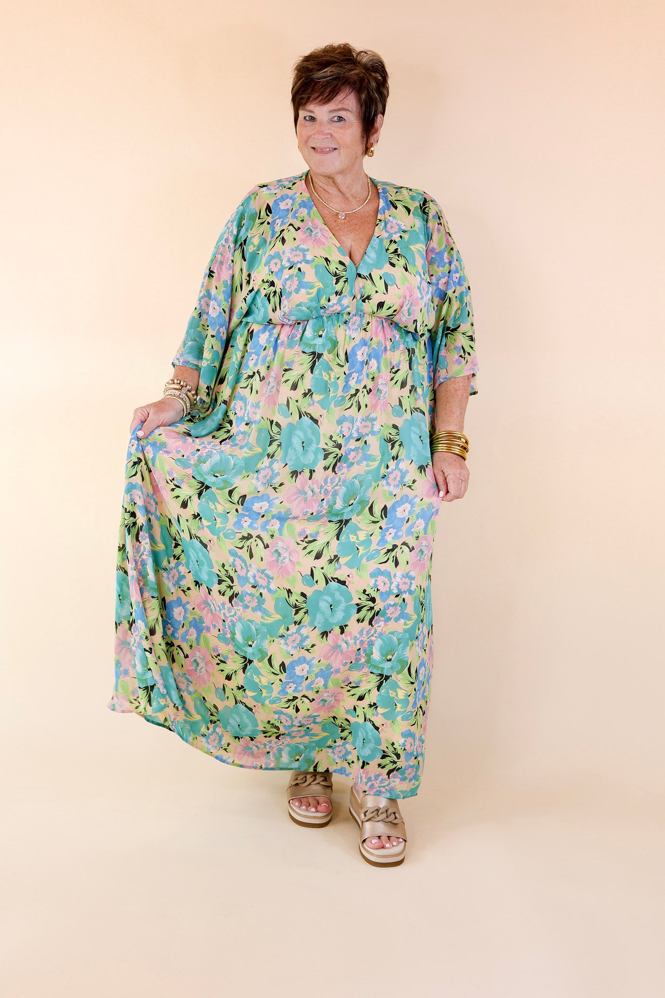 Beautifully Botanical V Neck Floral Print Maxi Dress in Blue and Green Mix