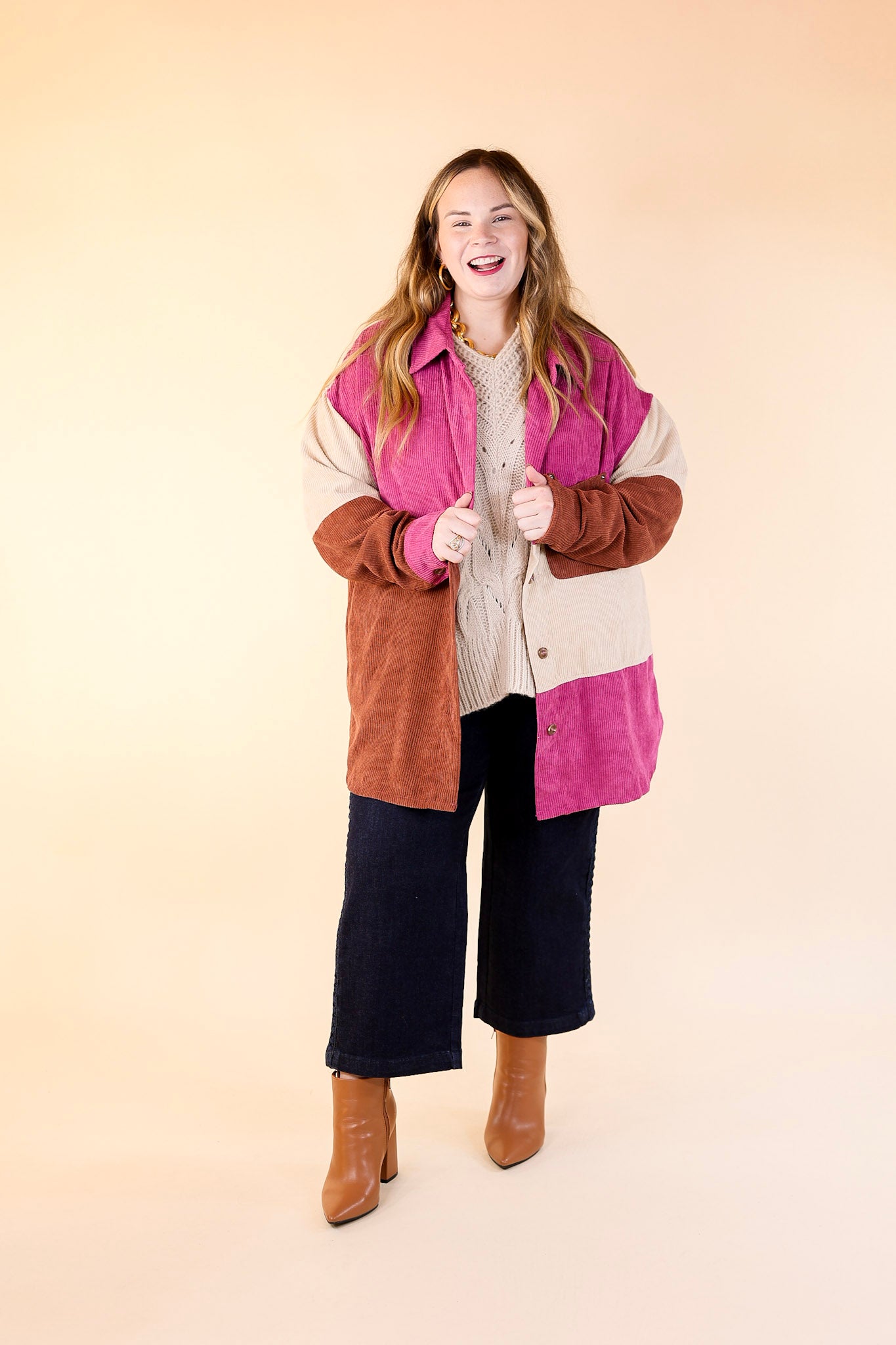 Casual Cuddles Color Block Corduroy Shacket in Magenta Mix