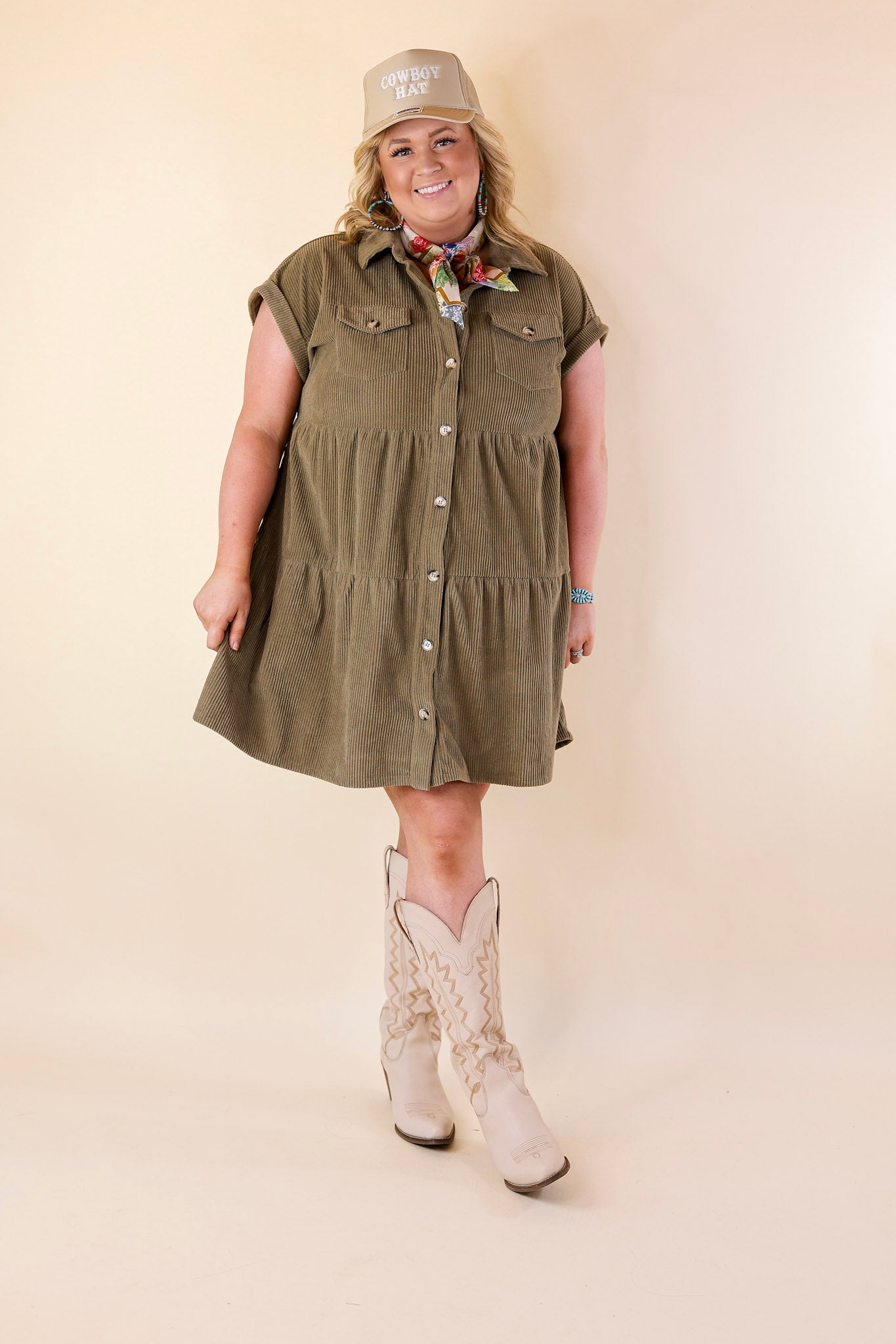 Latest Obsession Button Up Corduroy Dress in Olive Green - Giddy Up Glamour Boutique