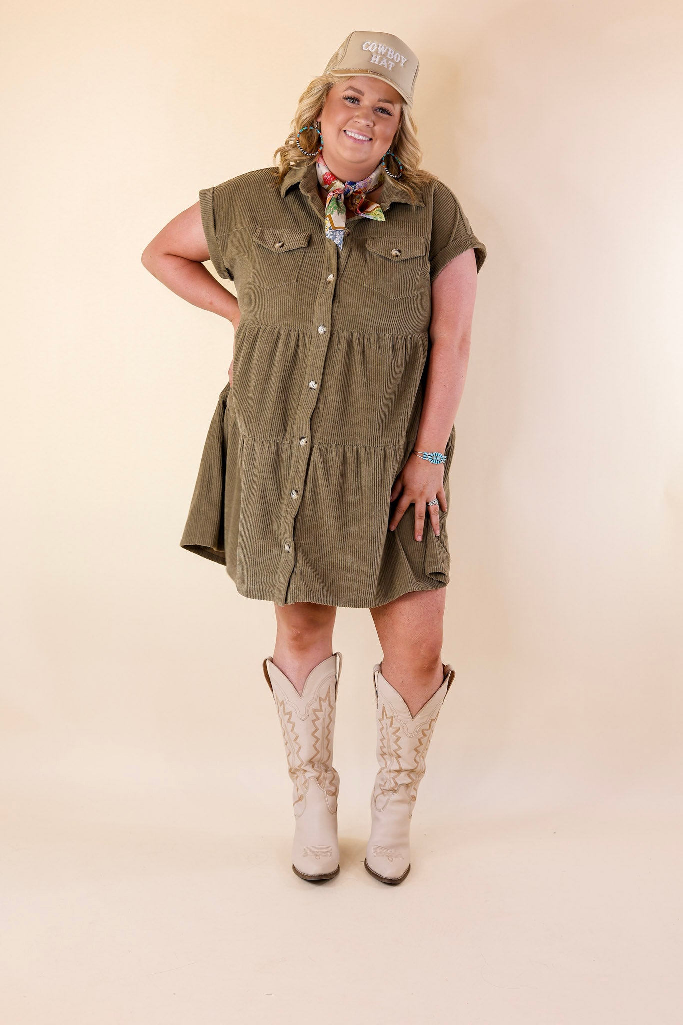 Latest Obsession Button Up Corduroy Dress in Olive Green - Giddy Up Glamour Boutique