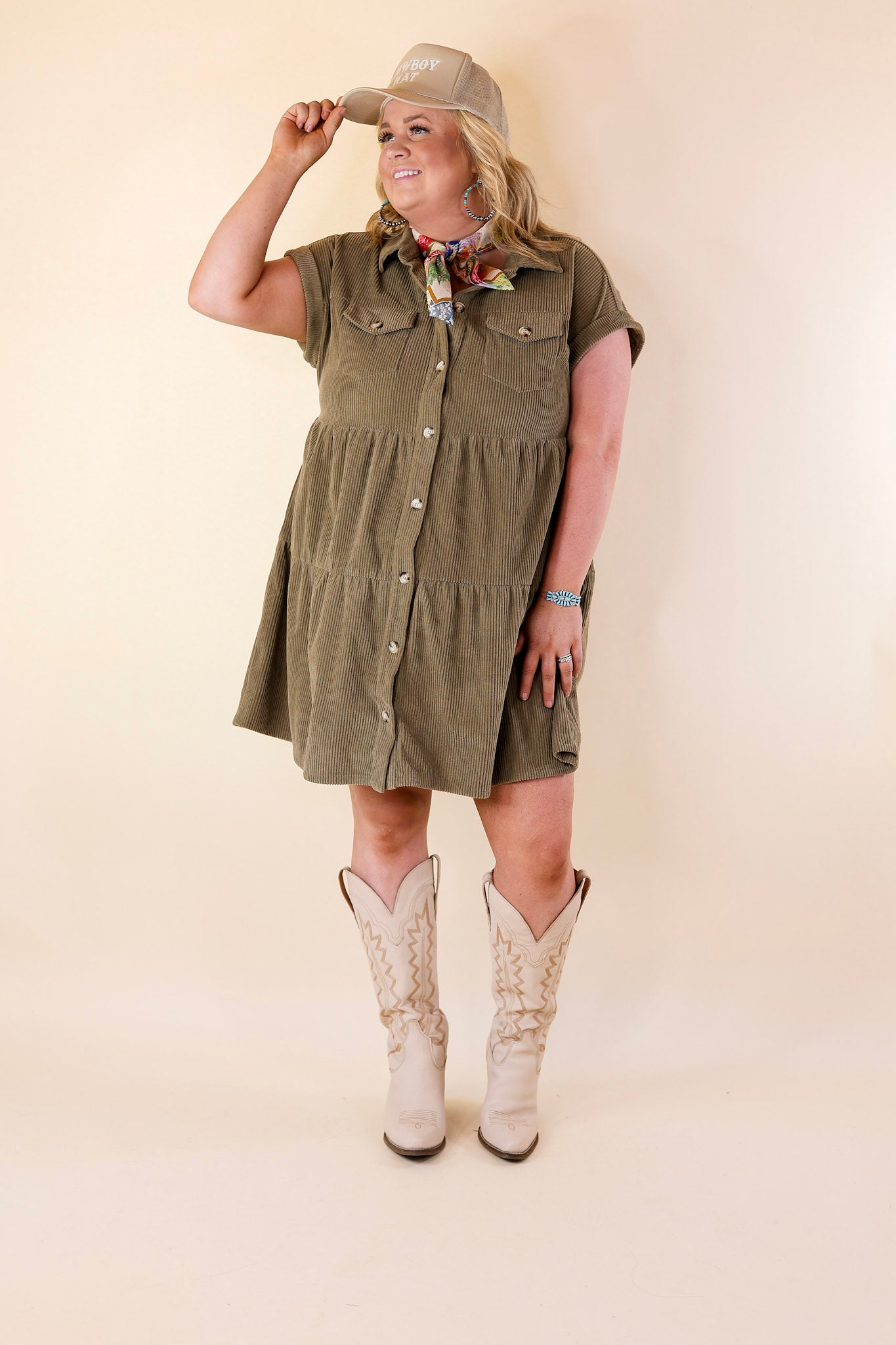 Latest Obsession Button Up Corduroy Dress in Olive Green - Giddy Up Glamour Boutique