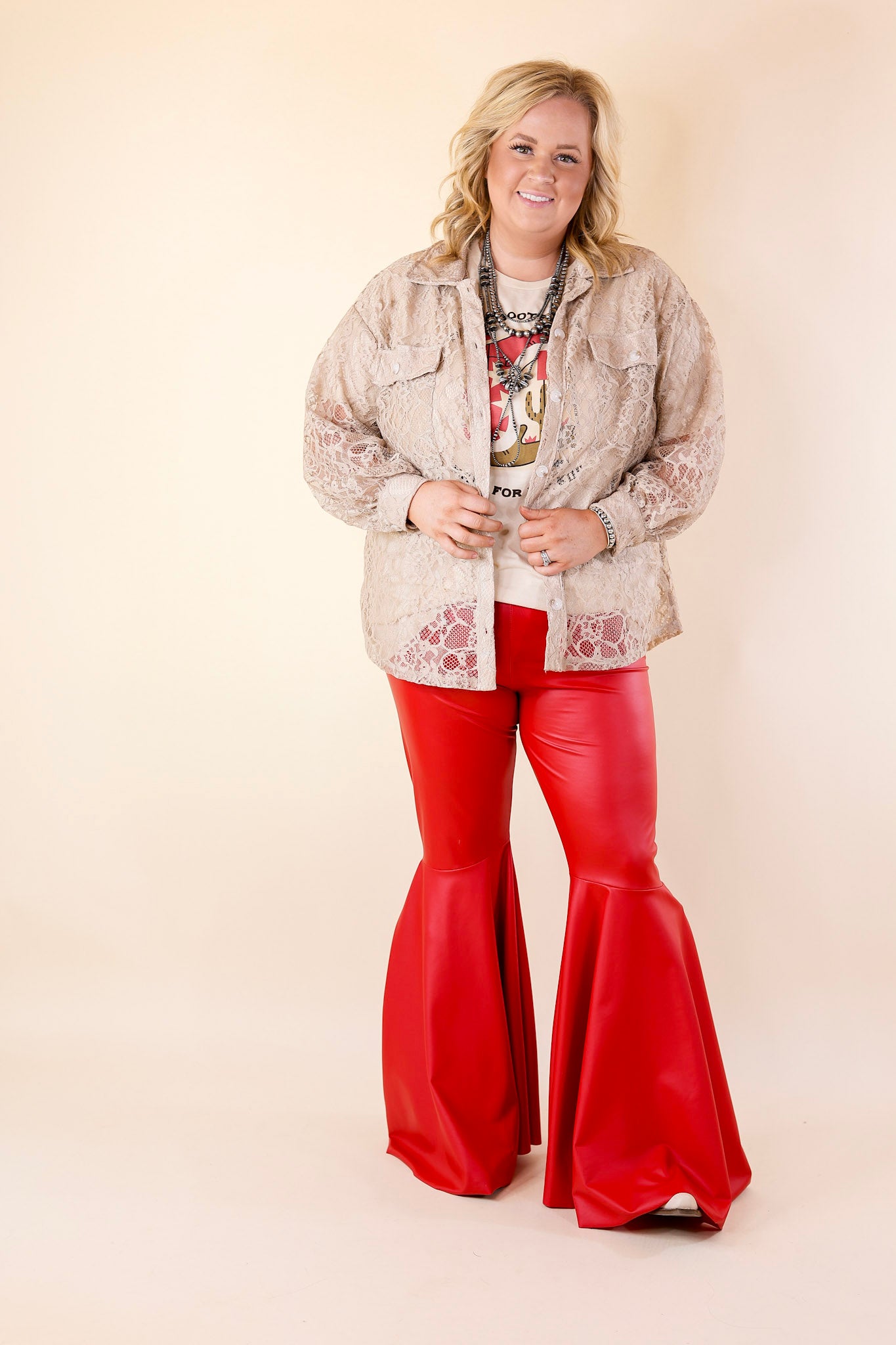 Nearly Famous Faux Leather Bell Bottom Pants in Red - Giddy Up Glamour Boutique