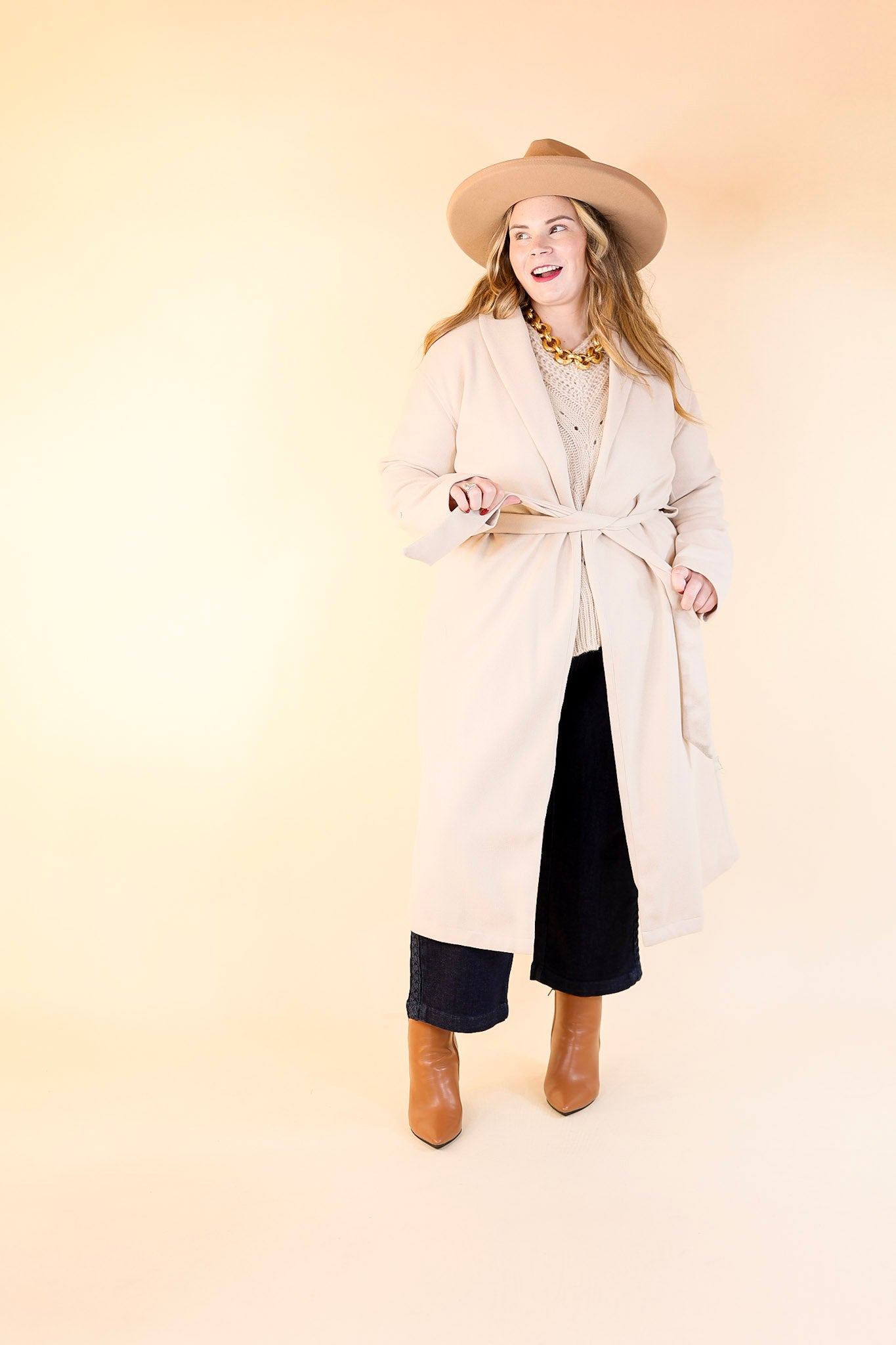 Hollywood Holiday Open Front Long Coat with Waist Tie in Beige