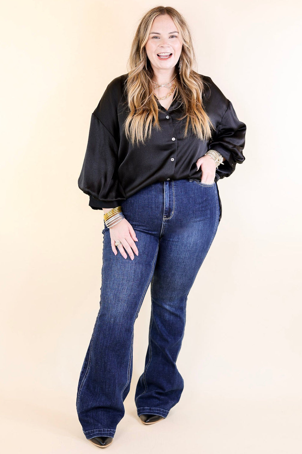 Judy Blue | Perfect Angles Flare Jean with an Angled Side Seam in Dark Wash
