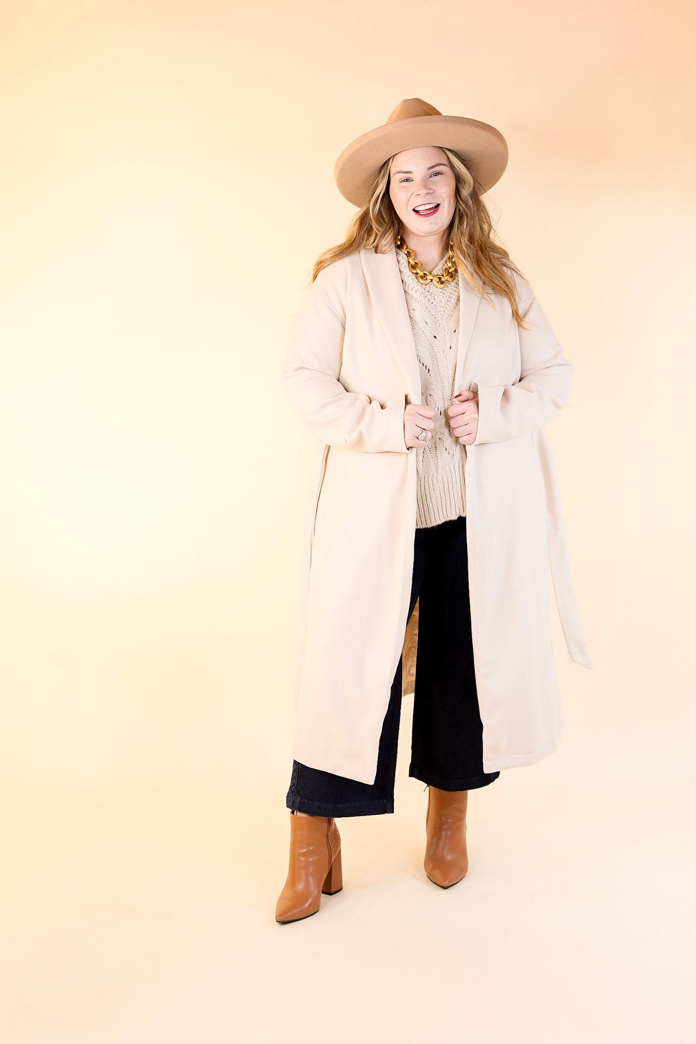 Hollywood Holiday Open Front Long Coat with Waist Tie in Beige