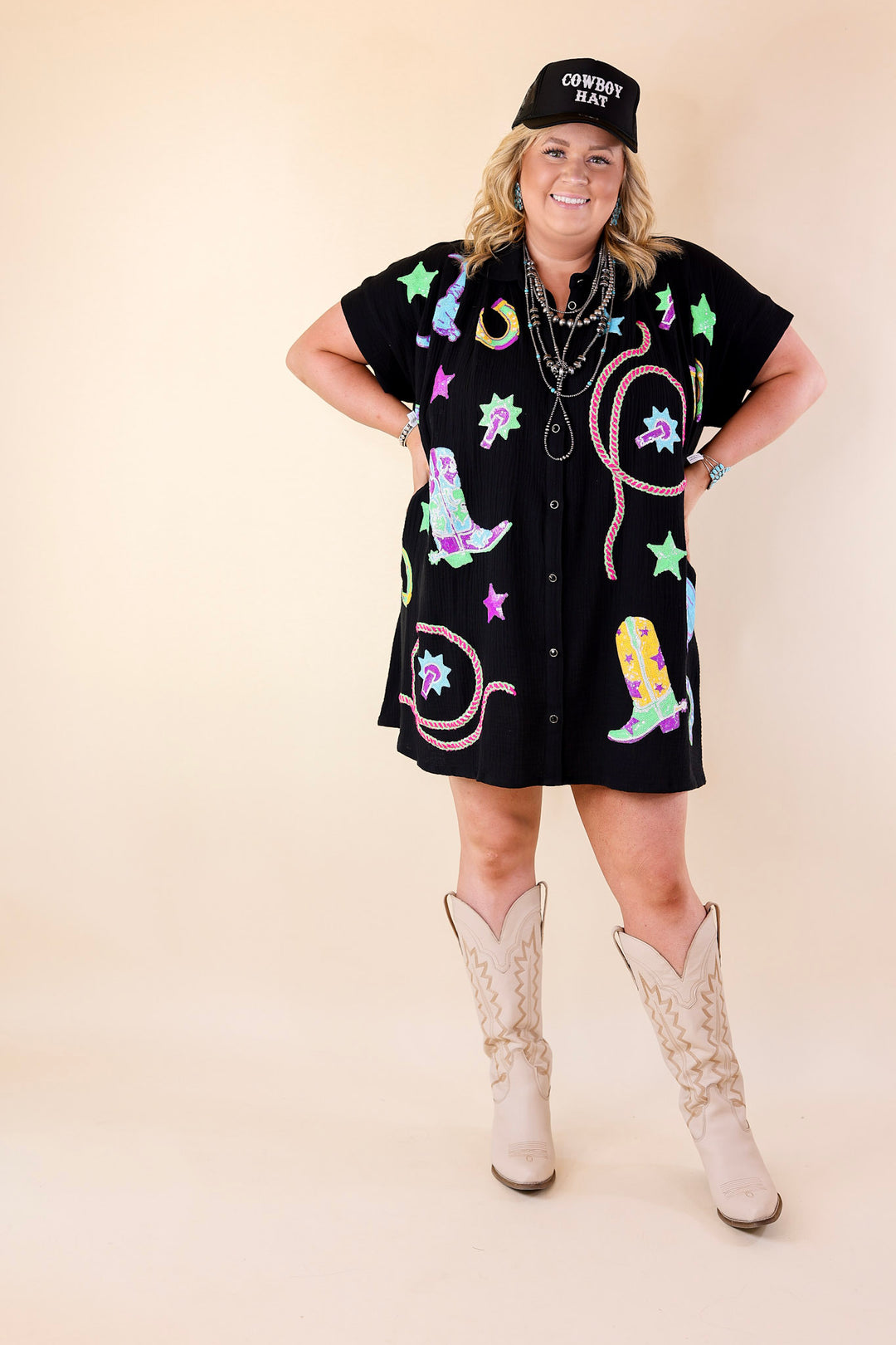 Queen Of Sparkles | Cowboy Casanova Western Icon Short Sleeve Sequin Dress in Black - Giddy Up Glamour Boutique