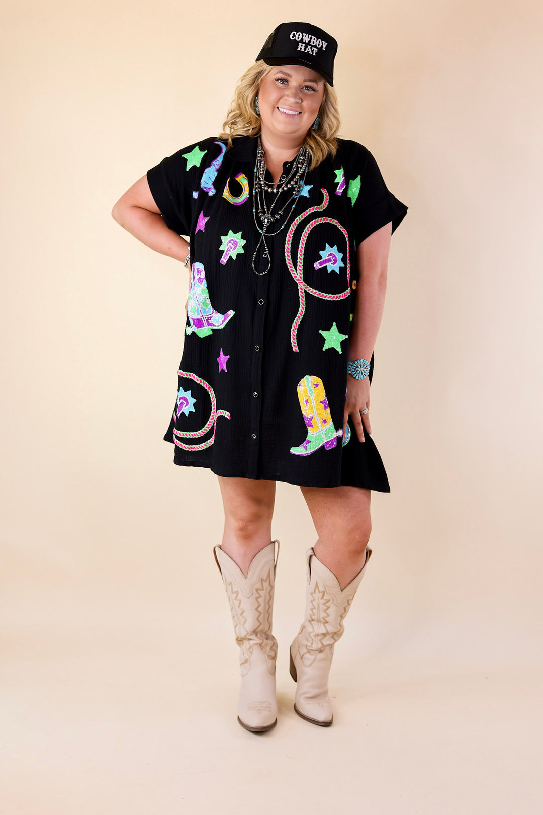 Queen Of Sparkles | Cowboy Casanova Western Icon Short Sleeve Sequin Dress in Black - Giddy Up Glamour Boutique