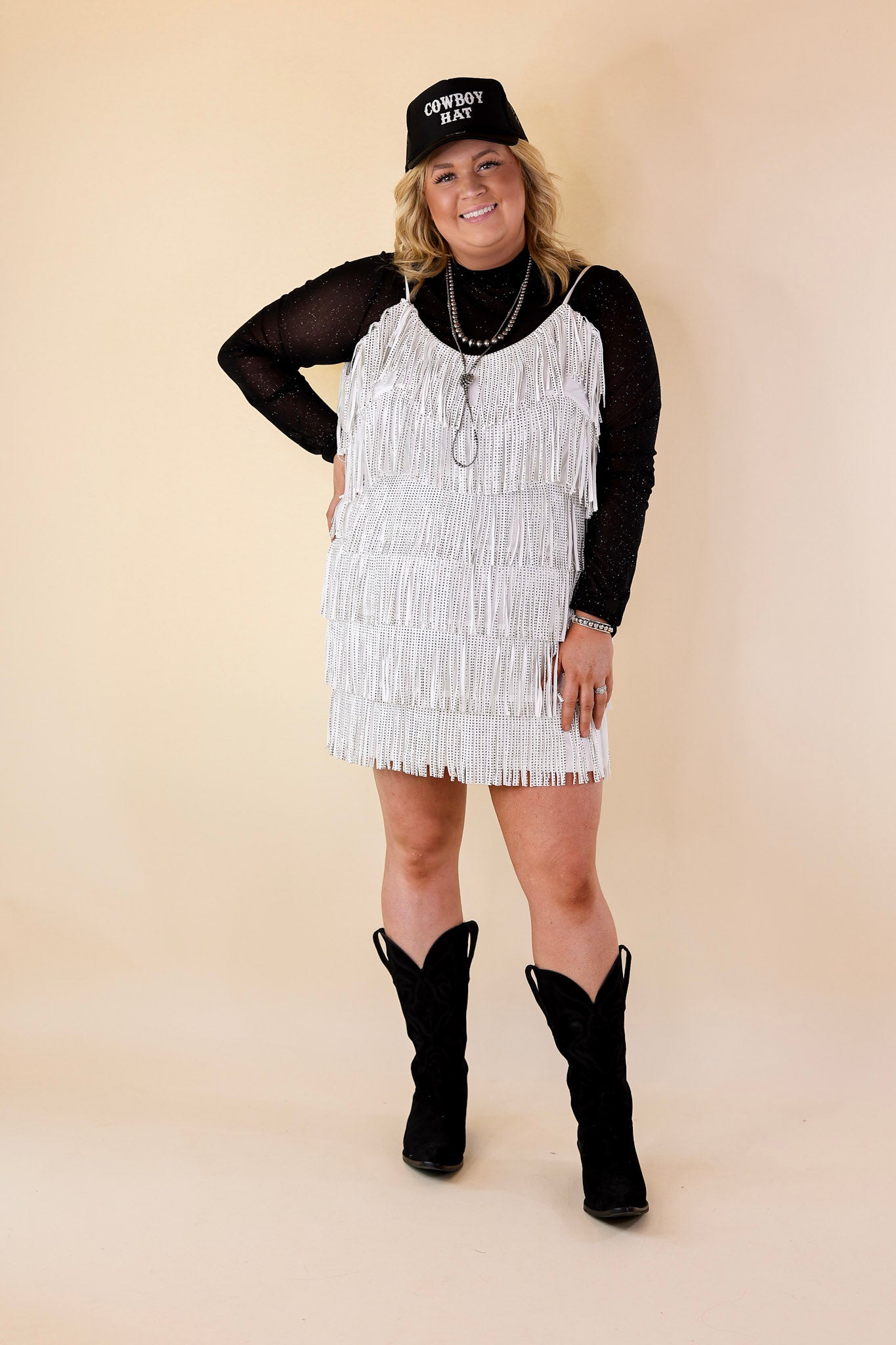 Cowboy Killer Crystal Fringe Dress in White - Giddy Up Glamour Boutique