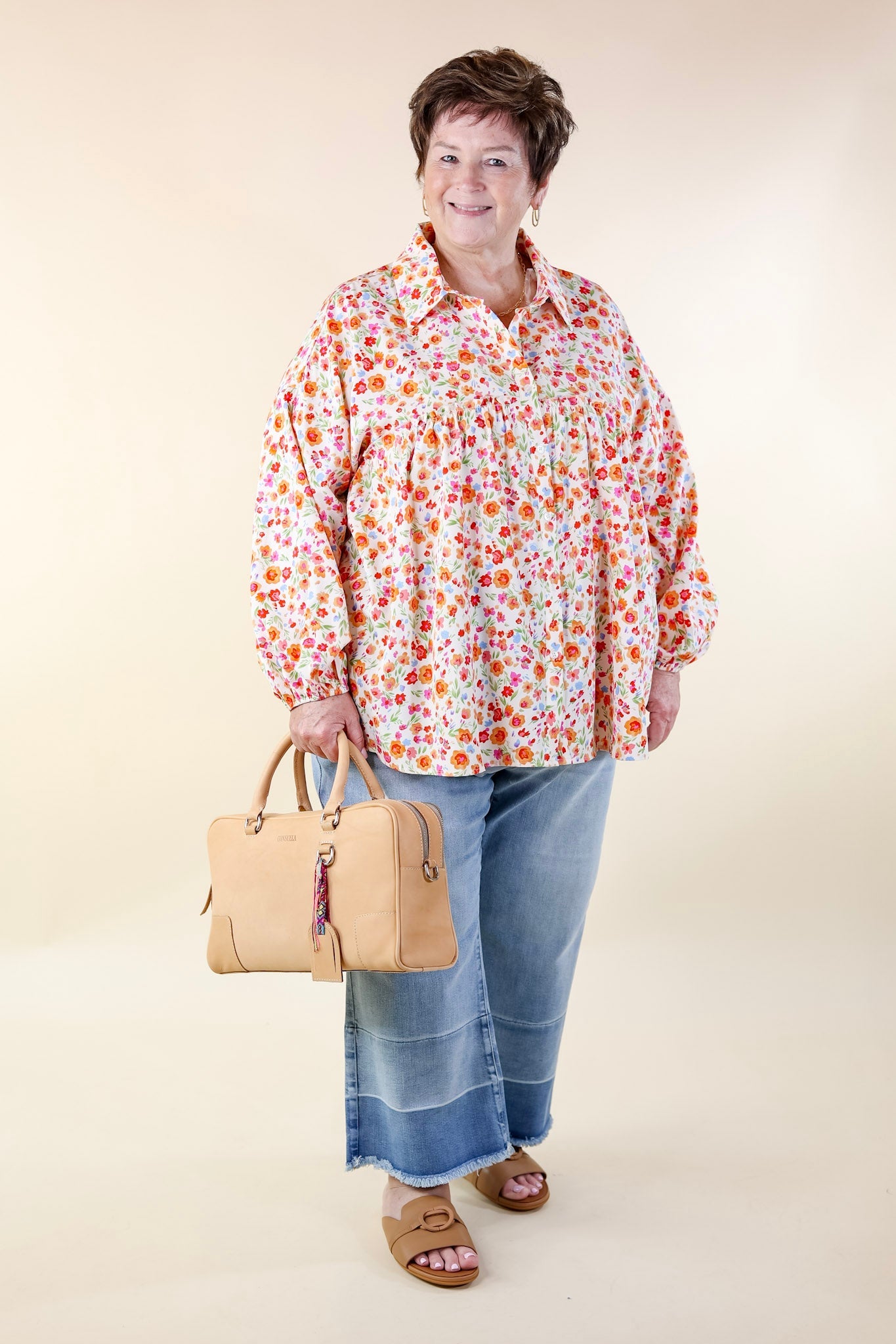 Secret Garden Floral Print Top with Collar and Long Sleeves in Cream - Giddy Up Glamour Boutique