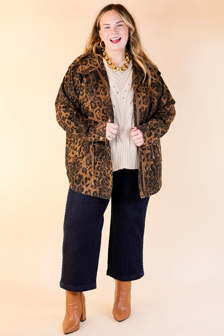 Colder Weather Button and Zip Up Utility Jacket in Leopard Print