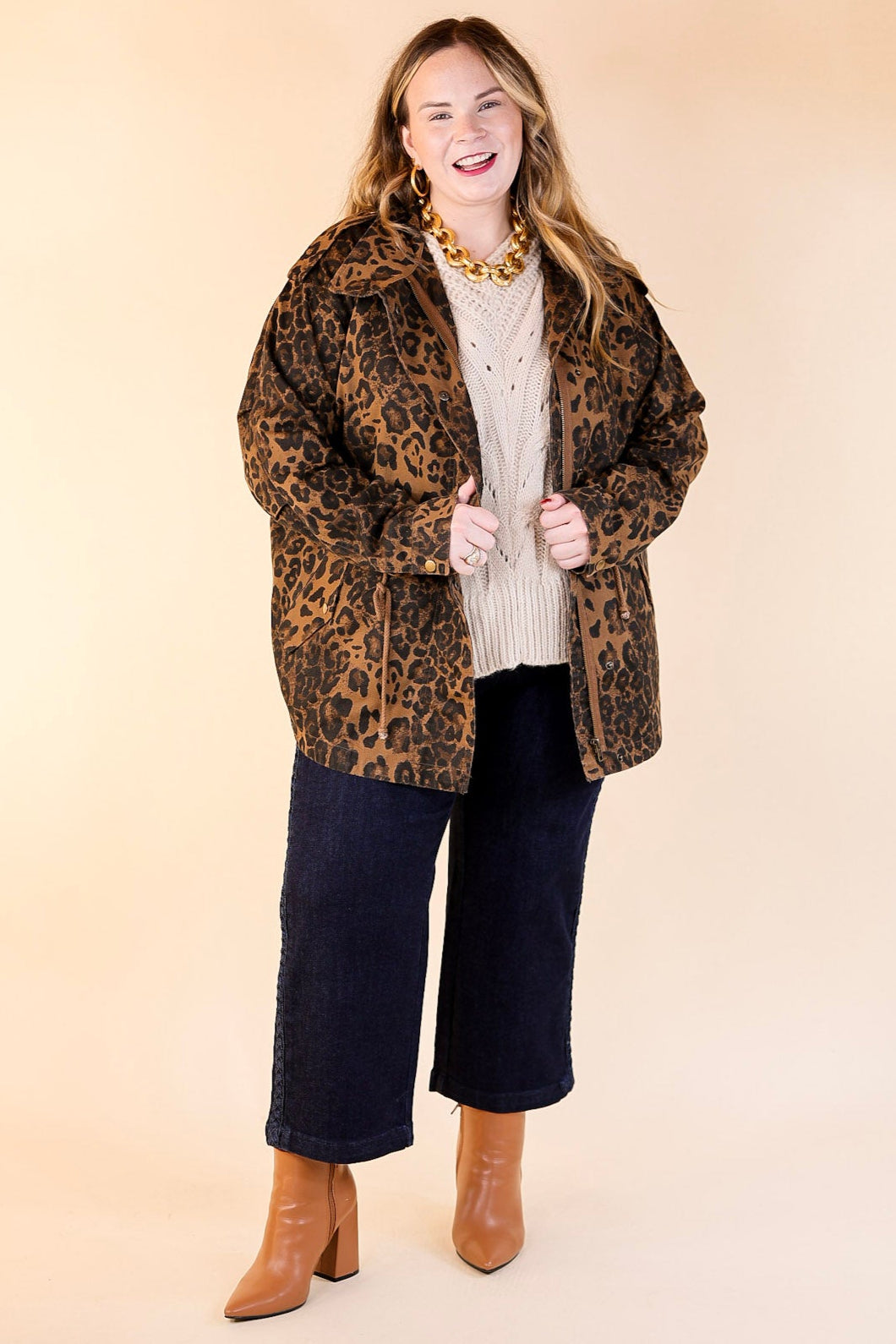 Colder Weather Button and Zip Up Utility Jacket in Leopard Print
