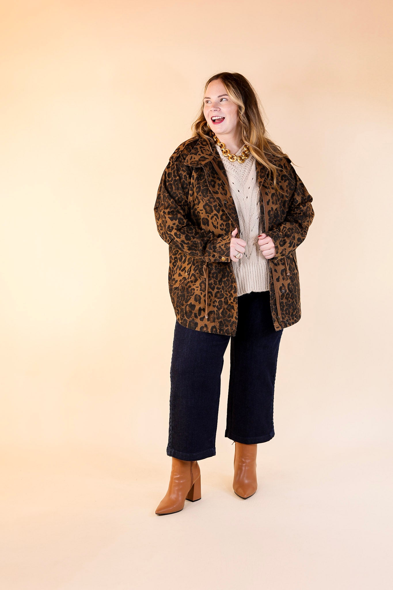 Colder Weather Button and Zip Up Utility Jacket in Leopard Print