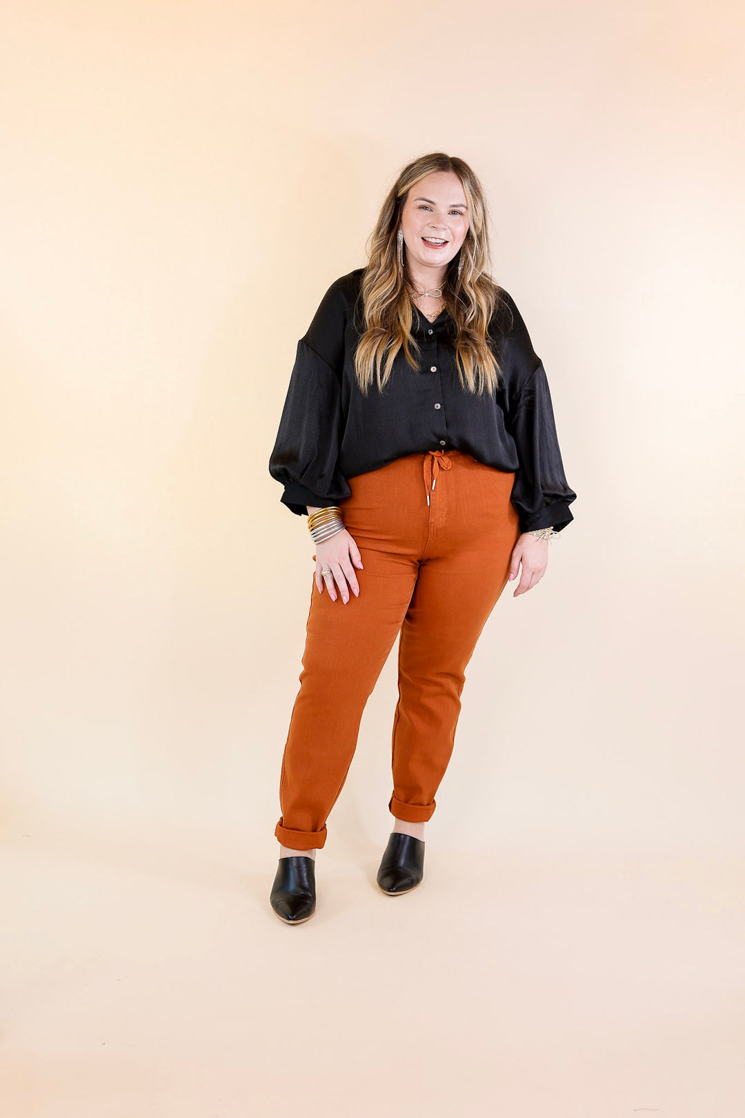 Judy Blue | Keep It A Secret Relaxed Pull on Denim Jean Joggers in Rust Orange