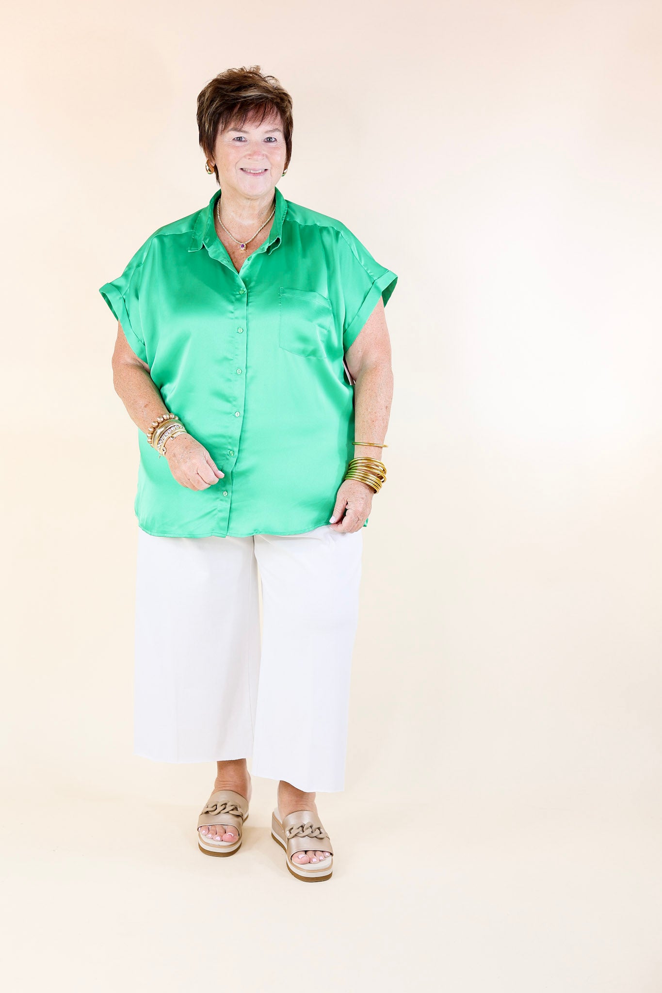 Free To Be Fab Button Up Short Sleeve Top in Green