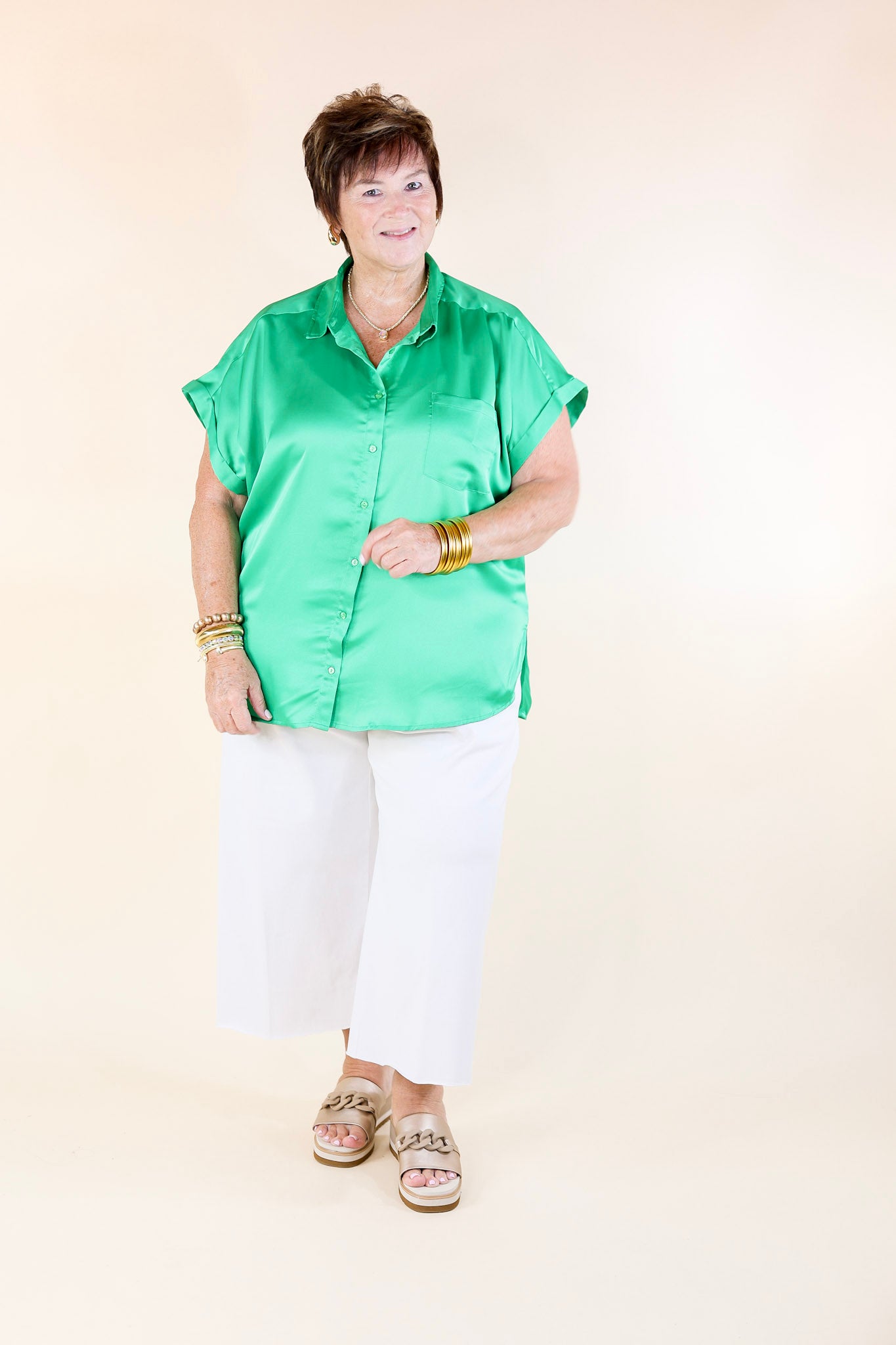 Free To Be Fab Button Up Short Sleeve Top in Green