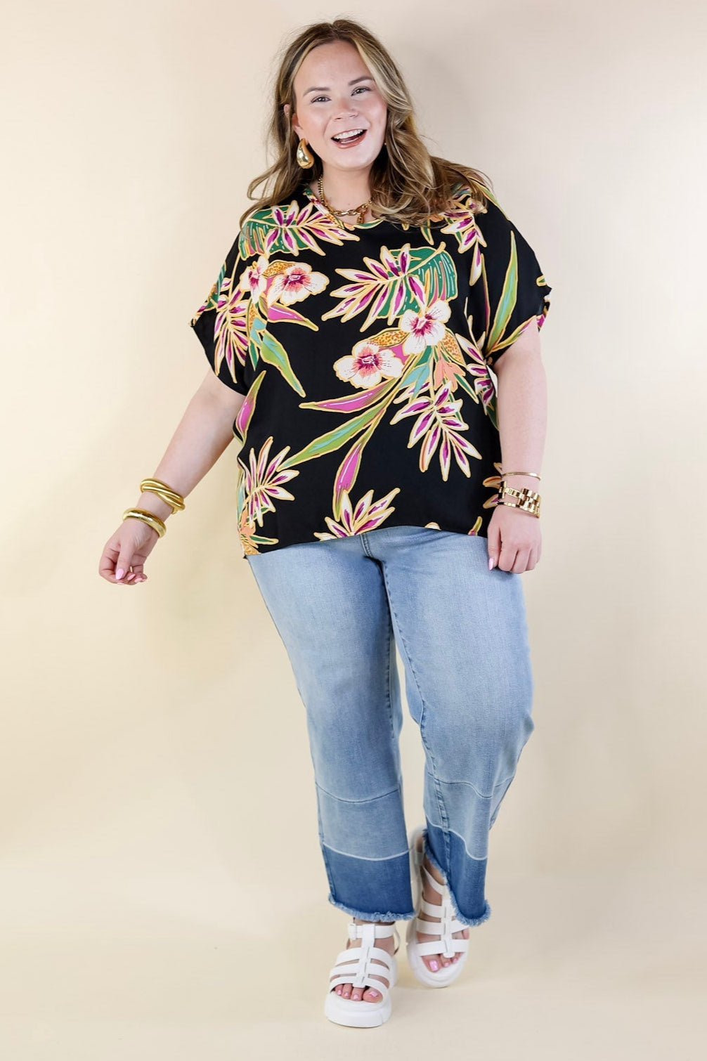 Island Oasis Tropical Floral Print Top in Black - Giddy Up Glamour Boutique