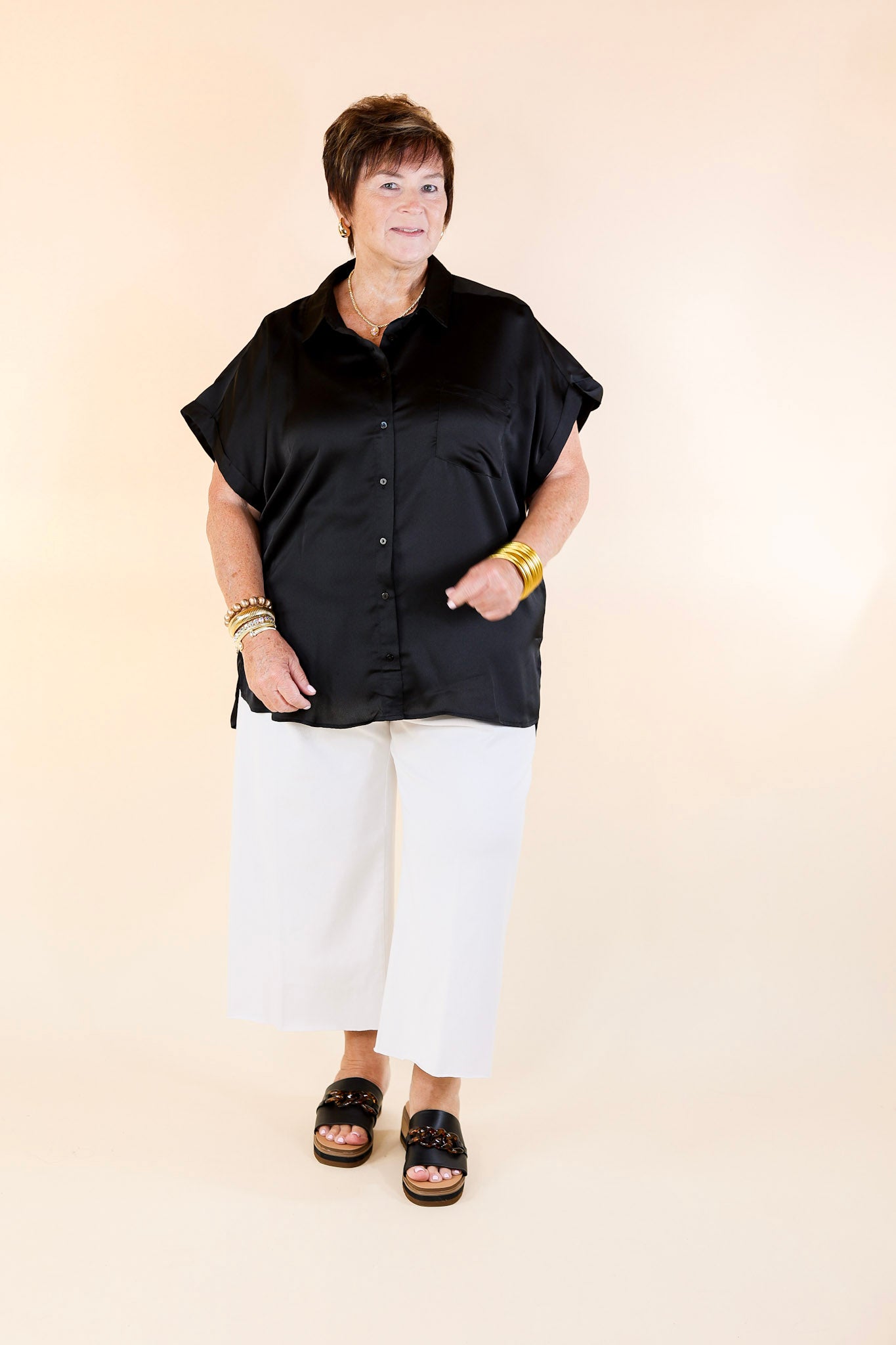 Free To Be Fab Button Up Short Sleeve Top in Black