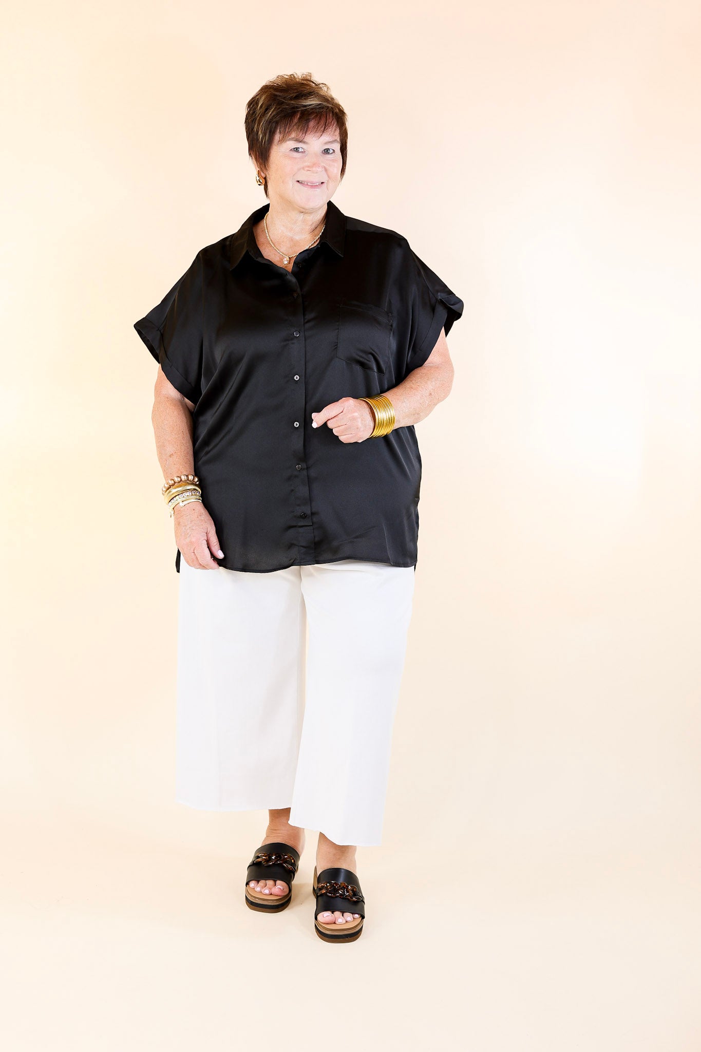 Free To Be Fab Button Up Short Sleeve Top in Black