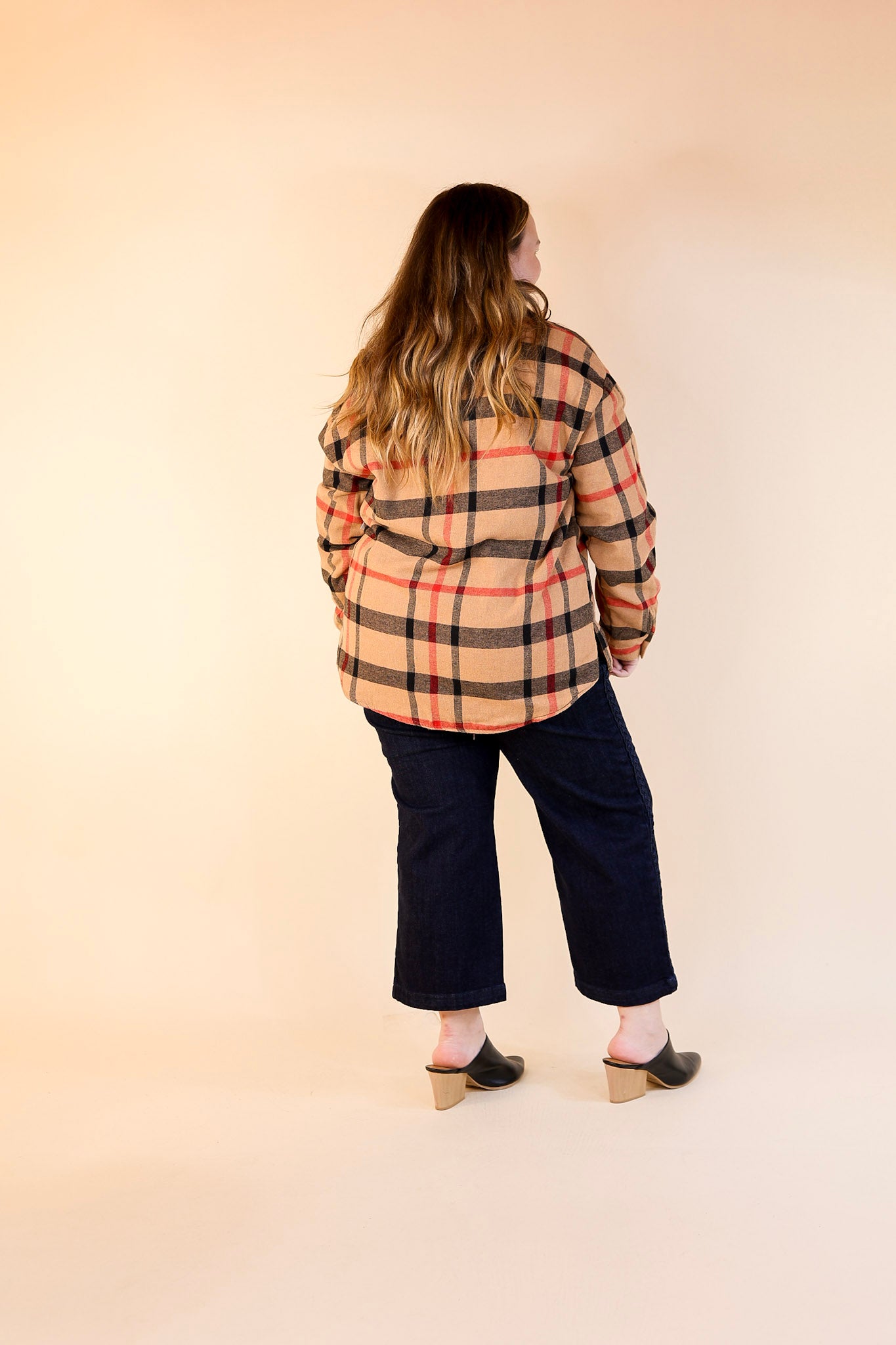 Soft and Dreamy Fur Lined Plaid Flannel Shacket in Tan