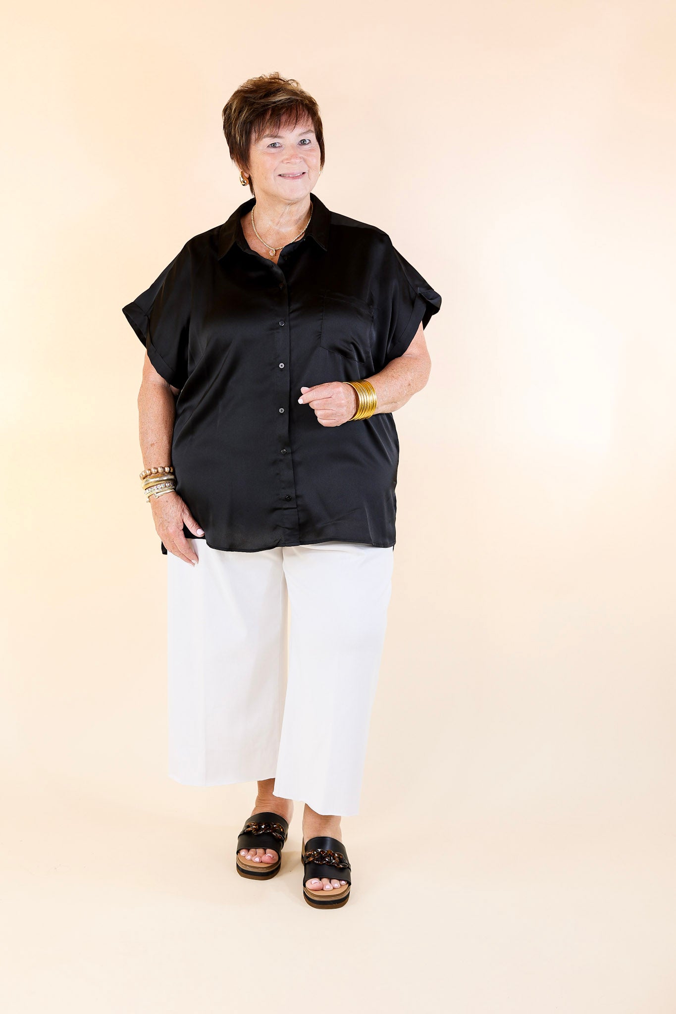 Free To Be Fab Button Up Short Sleeve Top in Black