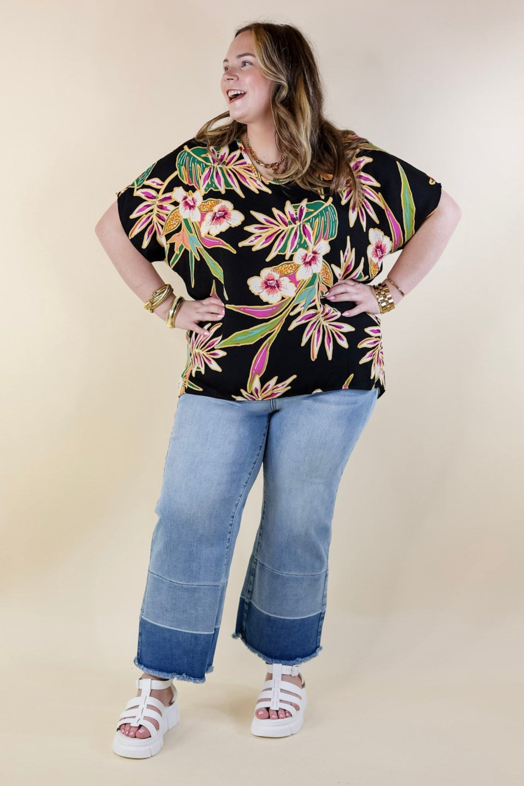 Island Oasis Tropical Floral Print Top in Black - Giddy Up Glamour Boutique