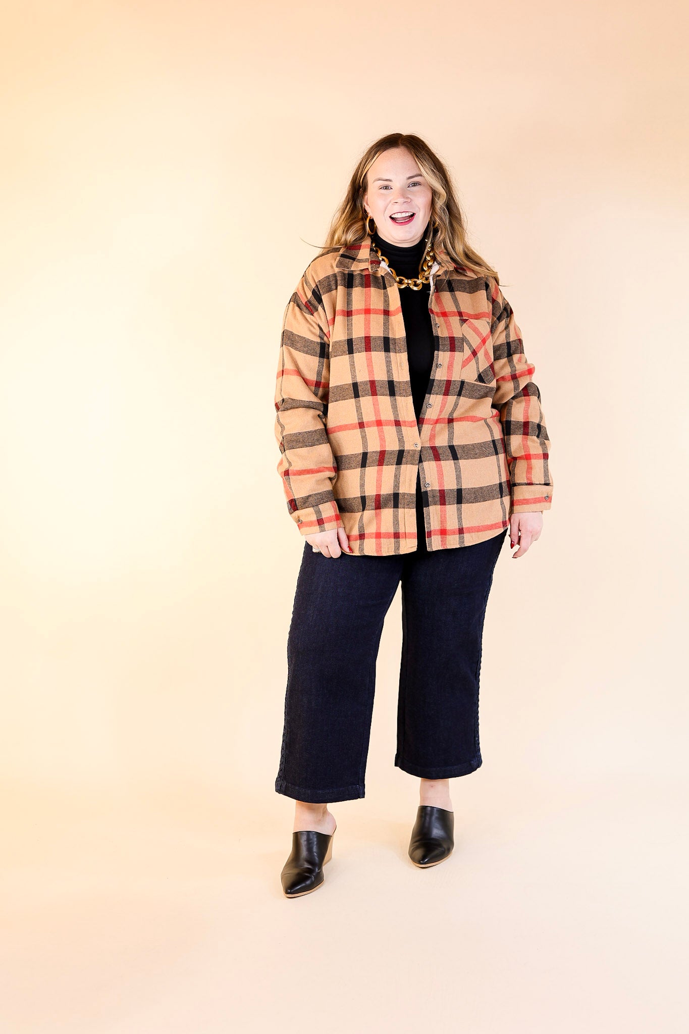 Soft and Dreamy Fur Lined Plaid Flannel Shacket in Tan