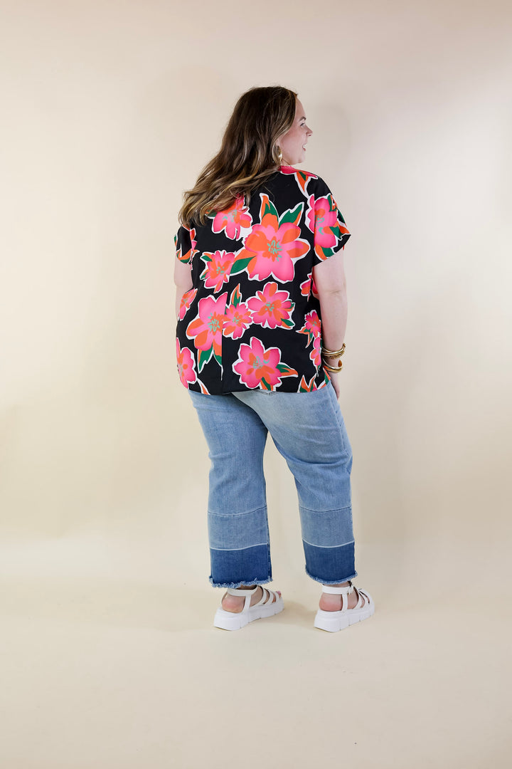 Fresh Bloom Floral Print V Neck Top in Black - Giddy Up Glamour Boutique