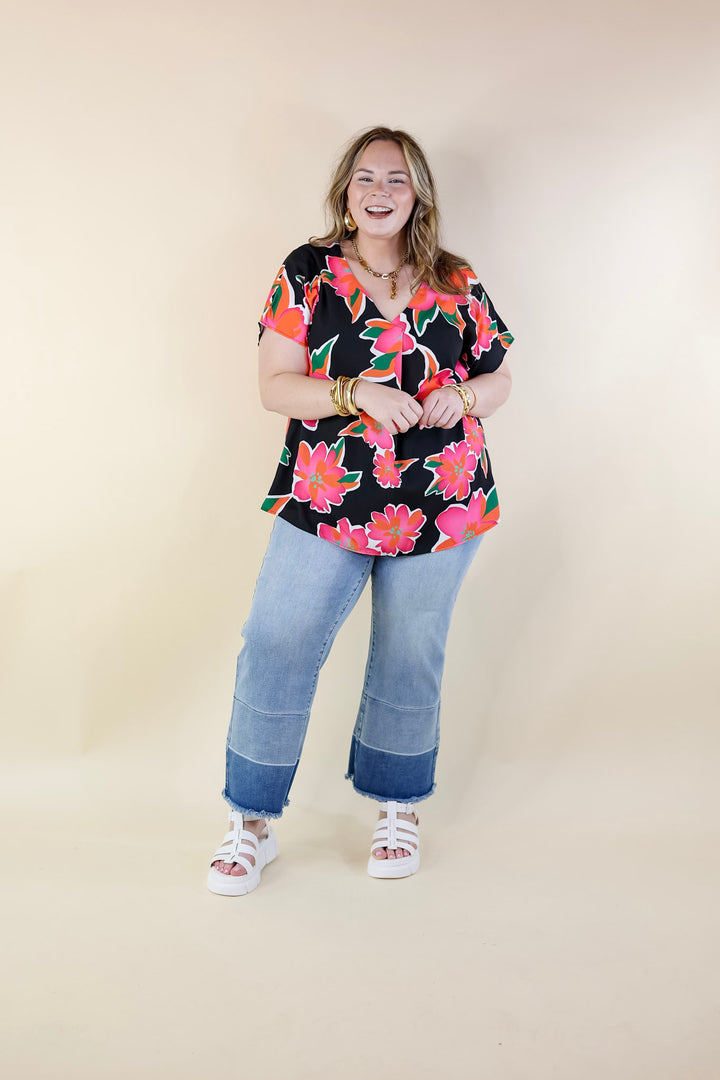 Fresh Bloom Floral Print V Neck Top in Black - Giddy Up Glamour Boutique