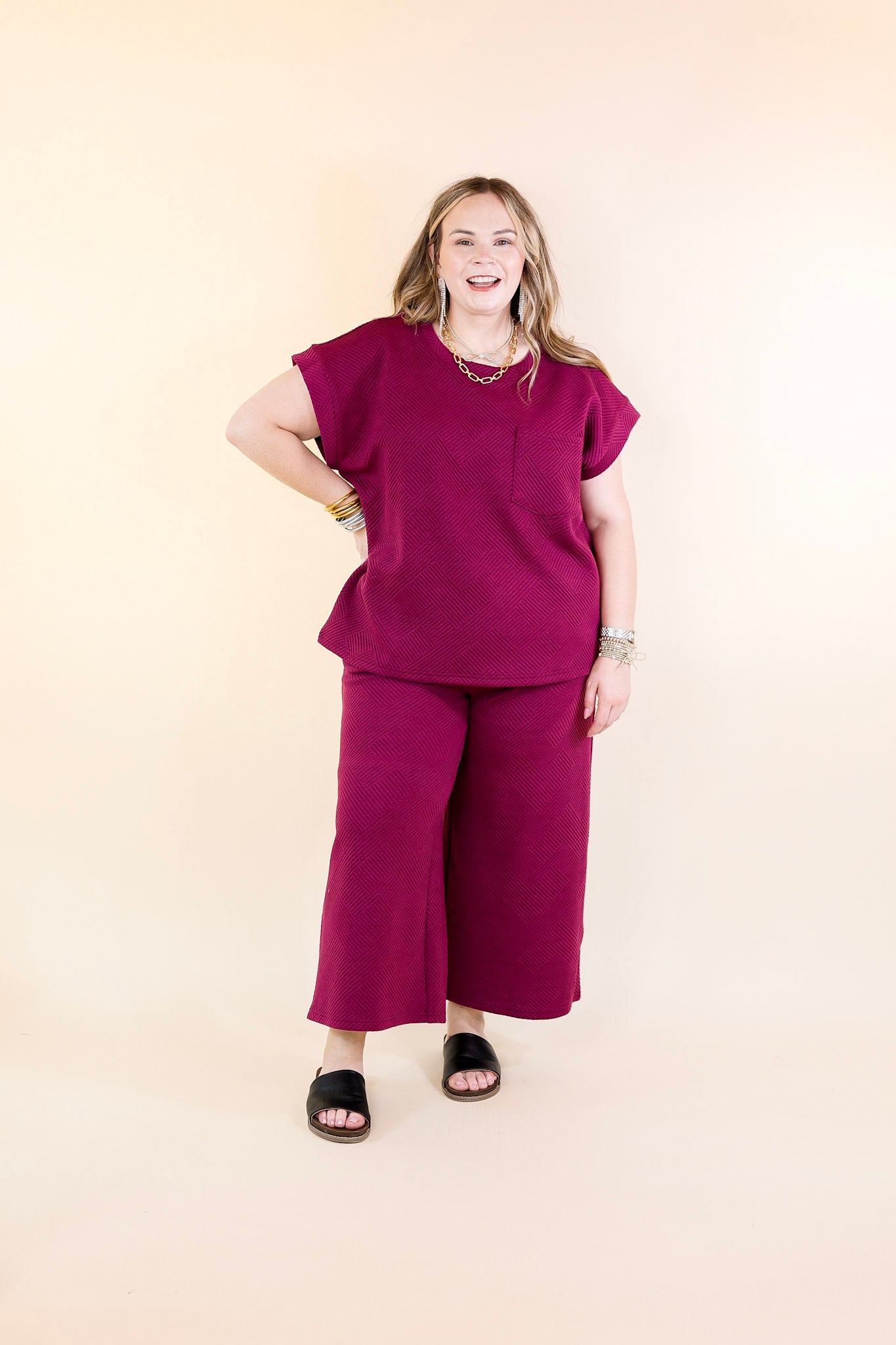 Glamour on the Go Textured Wide Leg Pant in Plum Purple