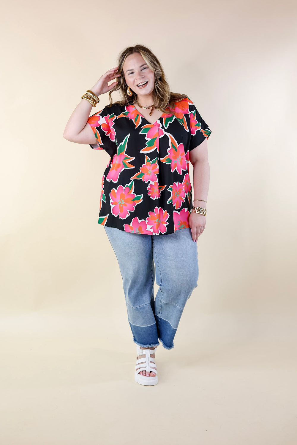 Fresh Bloom Floral Print V Neck Top in Black - Giddy Up Glamour Boutique
